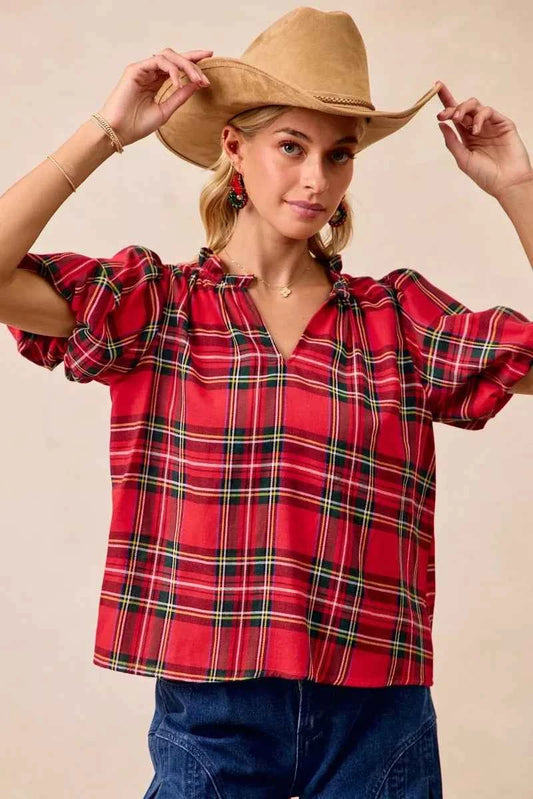 Christmas Plaid Short Sleeves Ruffled Blouse 443380e93d144c269b516e2f8ba307e2-Max-Origin