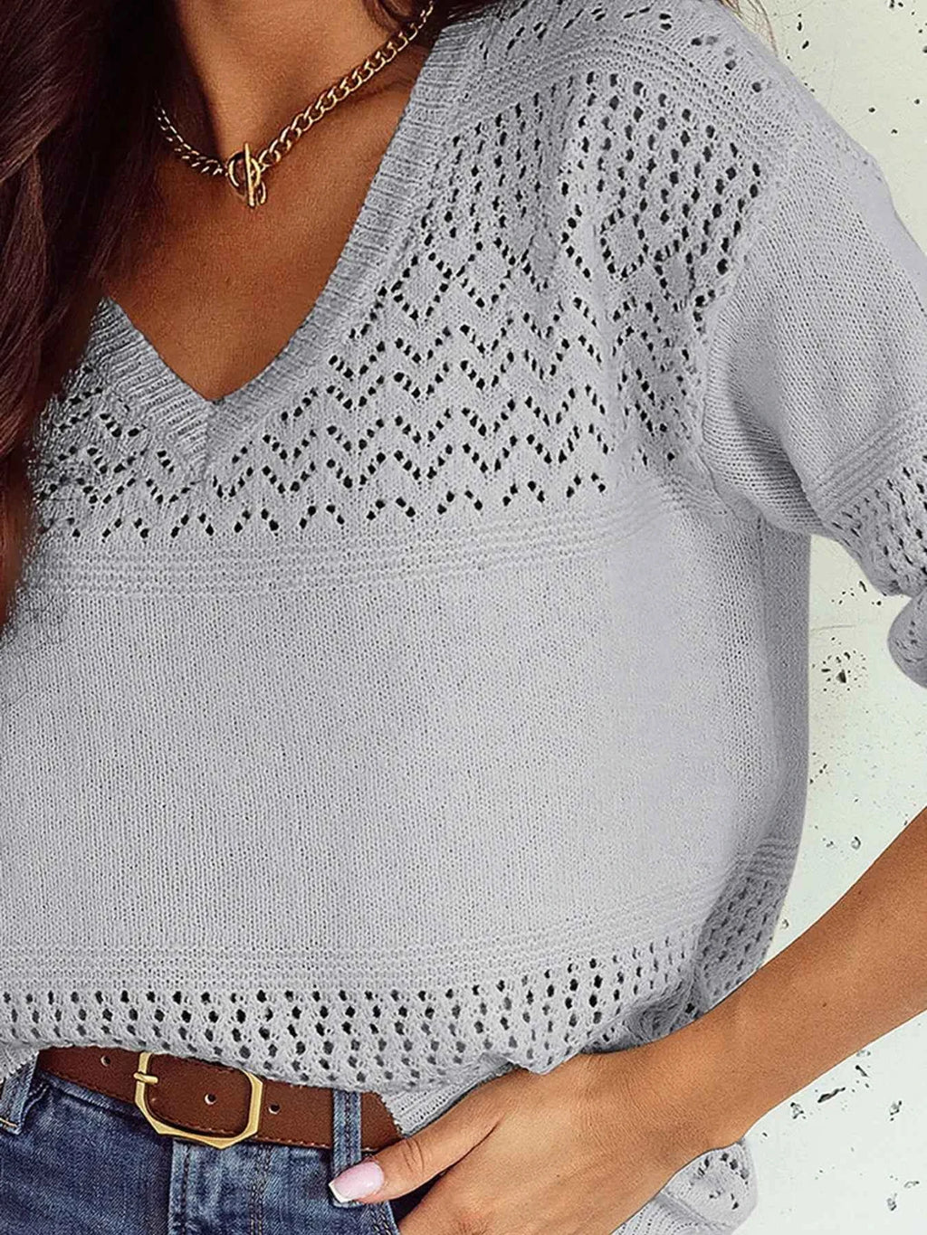 Eyelet Deatil V-Neck Long Sleeve Sweater 44357ab9c1054841b7a7fd9267f6c2ac-Max-Origin
