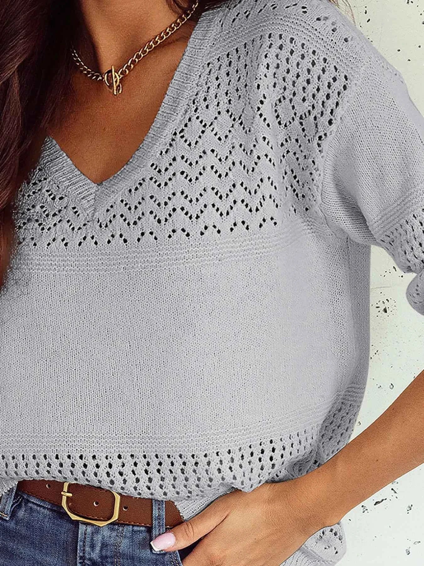 Eyelet Deatil V-Neck Long Sleeve Sweater 44357ab9c1054841b7a7fd9267f6c2ac-Max-Origin