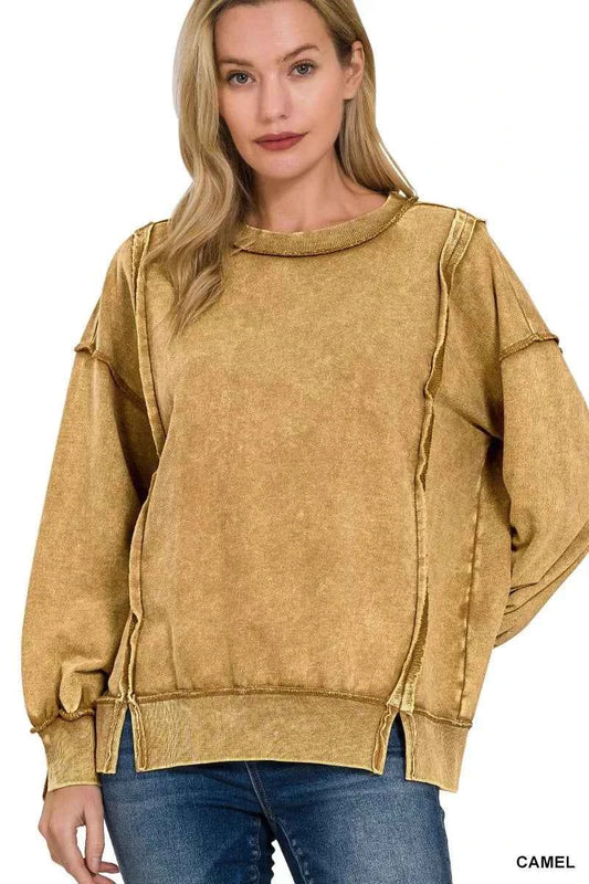 Zenana Acid Wash French Terry Exposed-Seam Sweatshirt CAMEL 4436c381022047698c3351f4d2e93e1a-Max-Origin