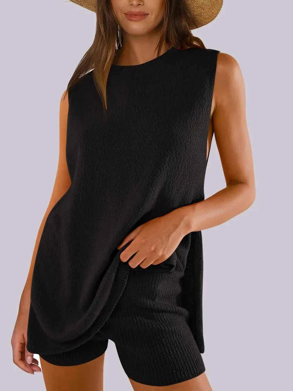 Side Slit Round Neck Tank and Ribbed Shorts Sweater Set Black 443ad9b4-0f87-45a9-beb5-7af1b704e086-Max
