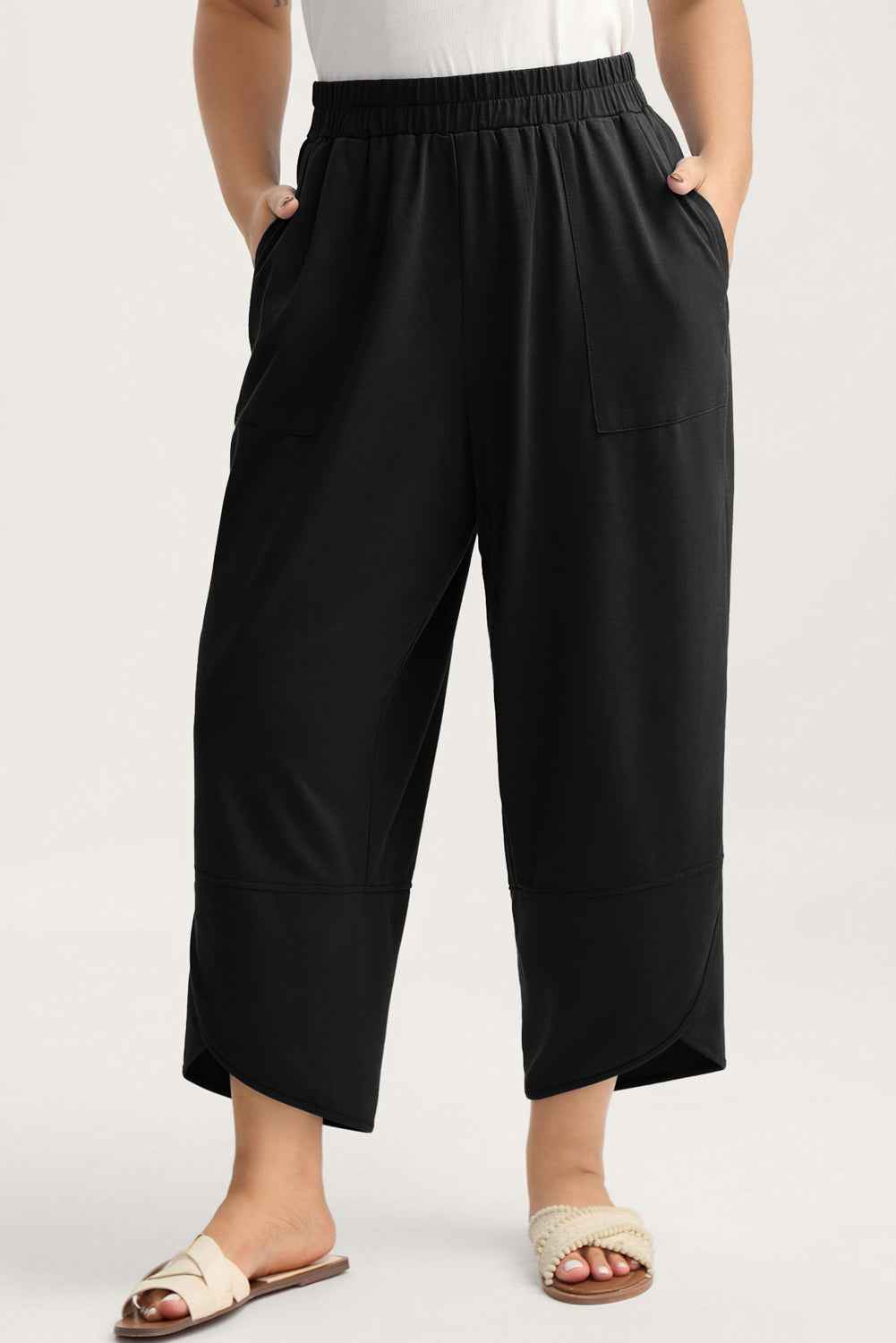 Black Plus Size Elastic Waist Asymmetrical Hem Loose Capris Pants Black 75%Polyester+20%Cotton+5%Elastane 443ae8d369b7f2b7