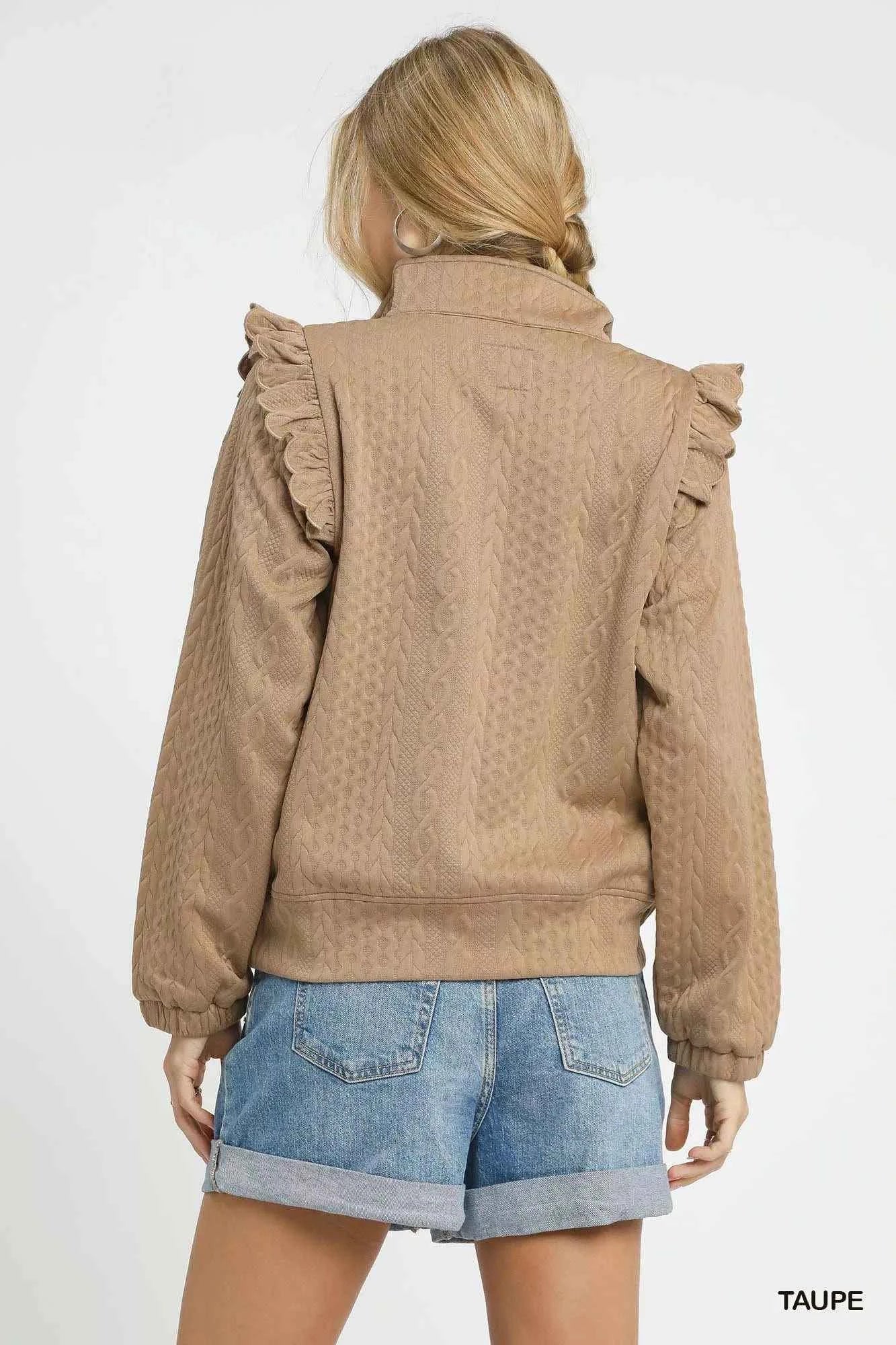 Umgee Cable Knit Textured Pullover with Ruffle Shoulders 44415a39-6404-4f07-9c9b-bae73df14f9a-Max-Origin