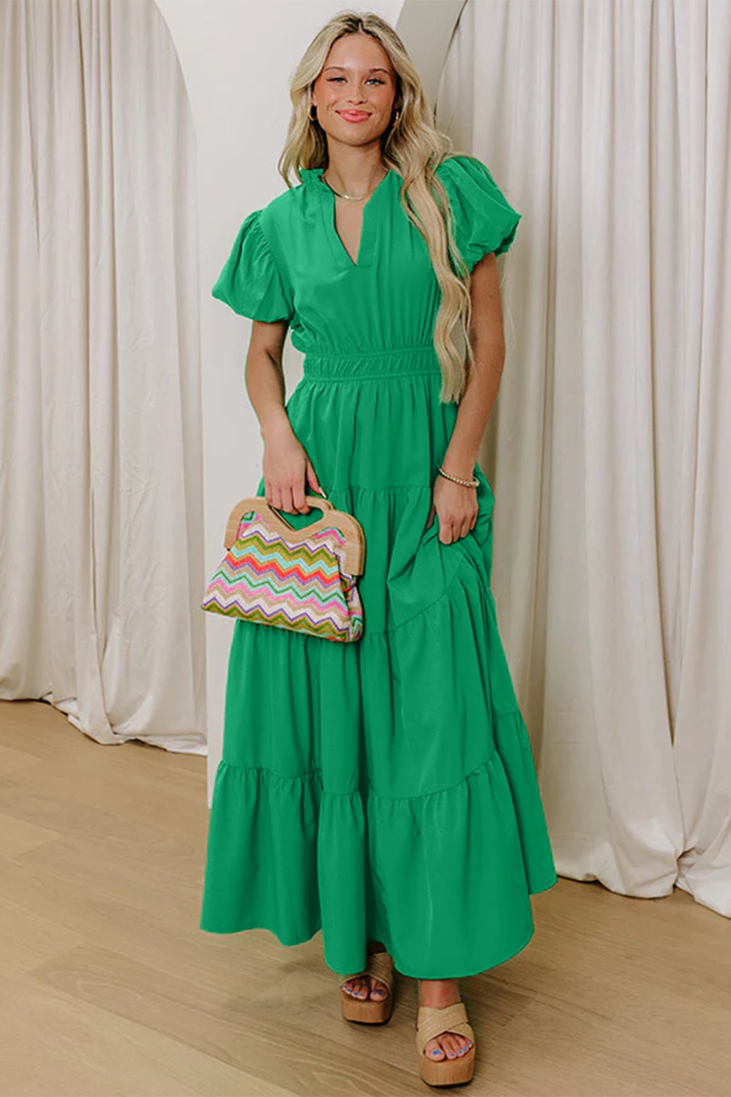 Bright Green Solid Color V Neck Short Puff Sleeve High Waist Tiered Maxi Dress 44482c1ea3cb4e53
