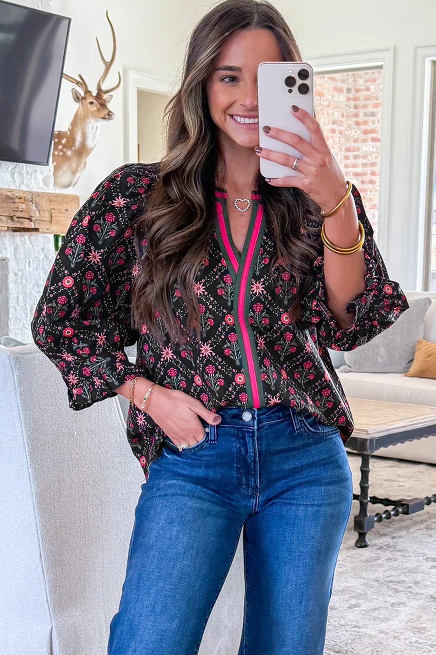 Black Contrast V Neckline Bracelet Sleeve Vintage Floral Blouse 4449d33551803f6e