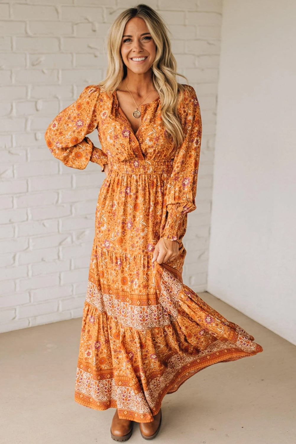 Orange Floral Print Smocked Waist Long Sleeve Boho Maxi Dress 444a483f9d44d8a8