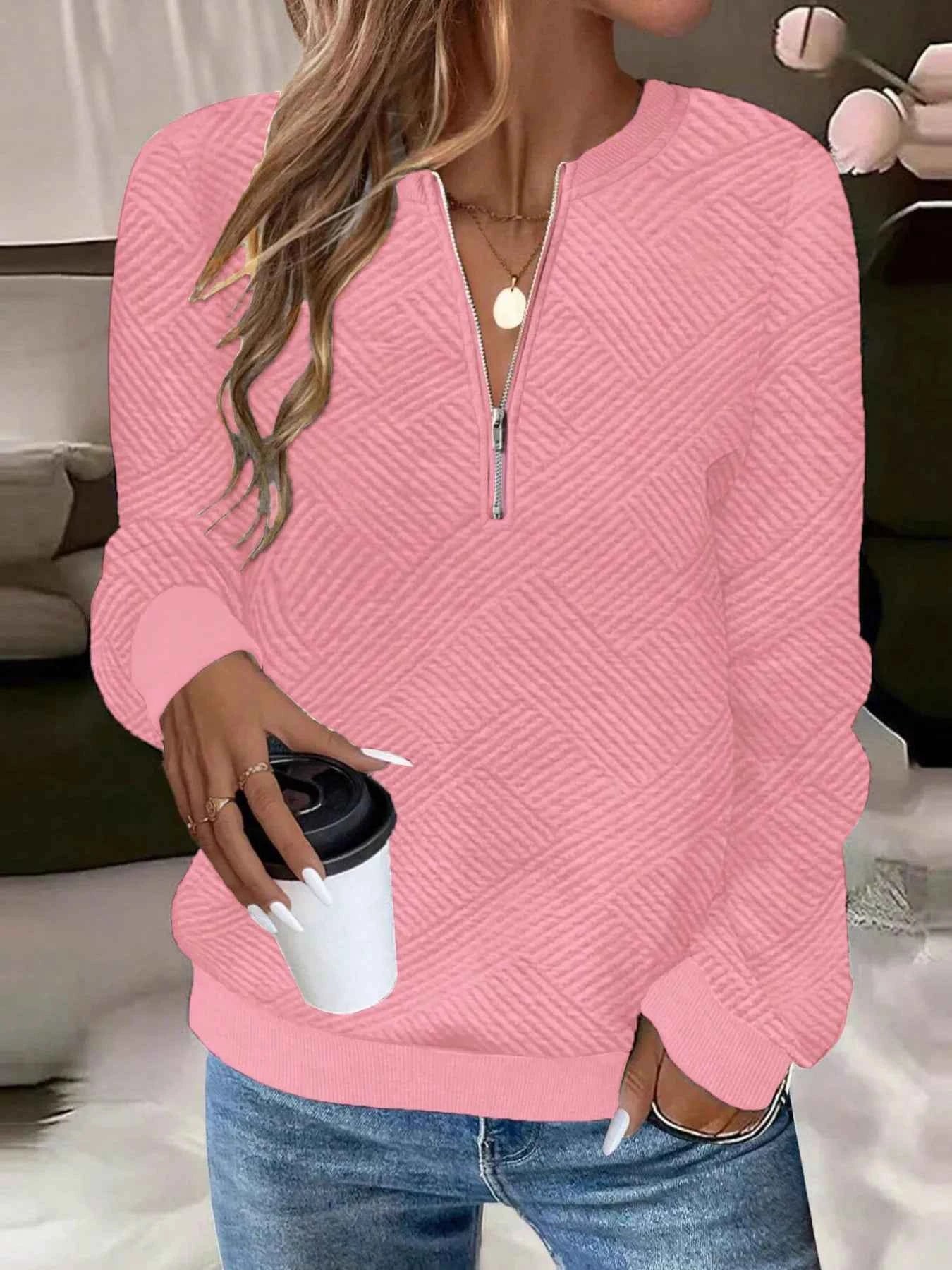 Quarter Zip Textured Long Sleeve Sweatshirt Pink 444ca7e524874da0936db59a965a728a-Max-Origin