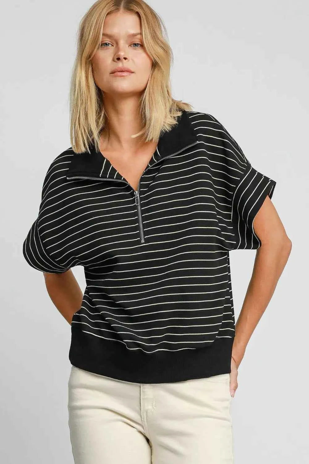 Umgee Striped Half Zip Short Sleeve Sweatshirt Black 444eb452-91e3-40ed-9045-0ff14e1d05f5-Max