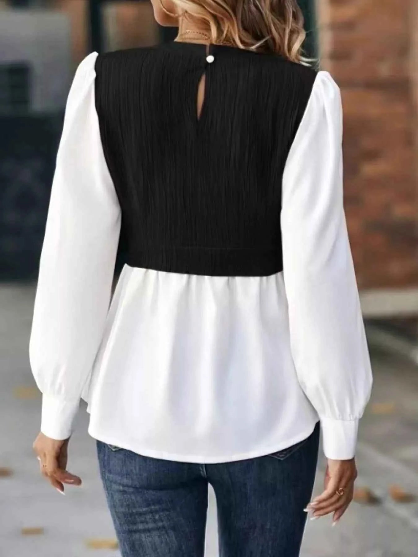 Color Block Long Sleeve Blouse 44586f3e-a0ec-4565-9413-b0dc0b8760d6-Max-Origin