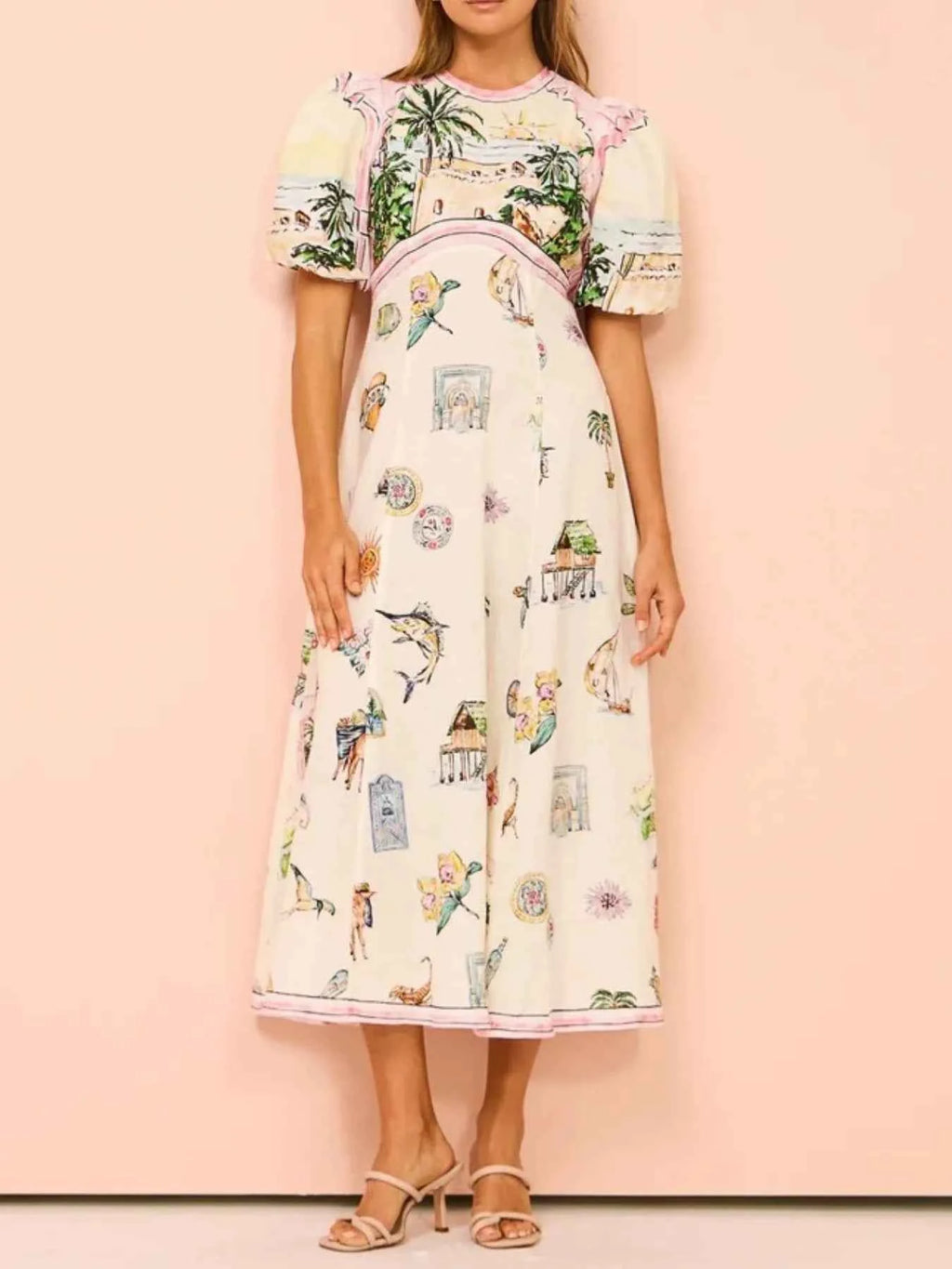 Printed Round Neck Puff Sleeve Midi Dress 445a8297-9137-4197-83eb-d3e61d15a45e-Max-Origin