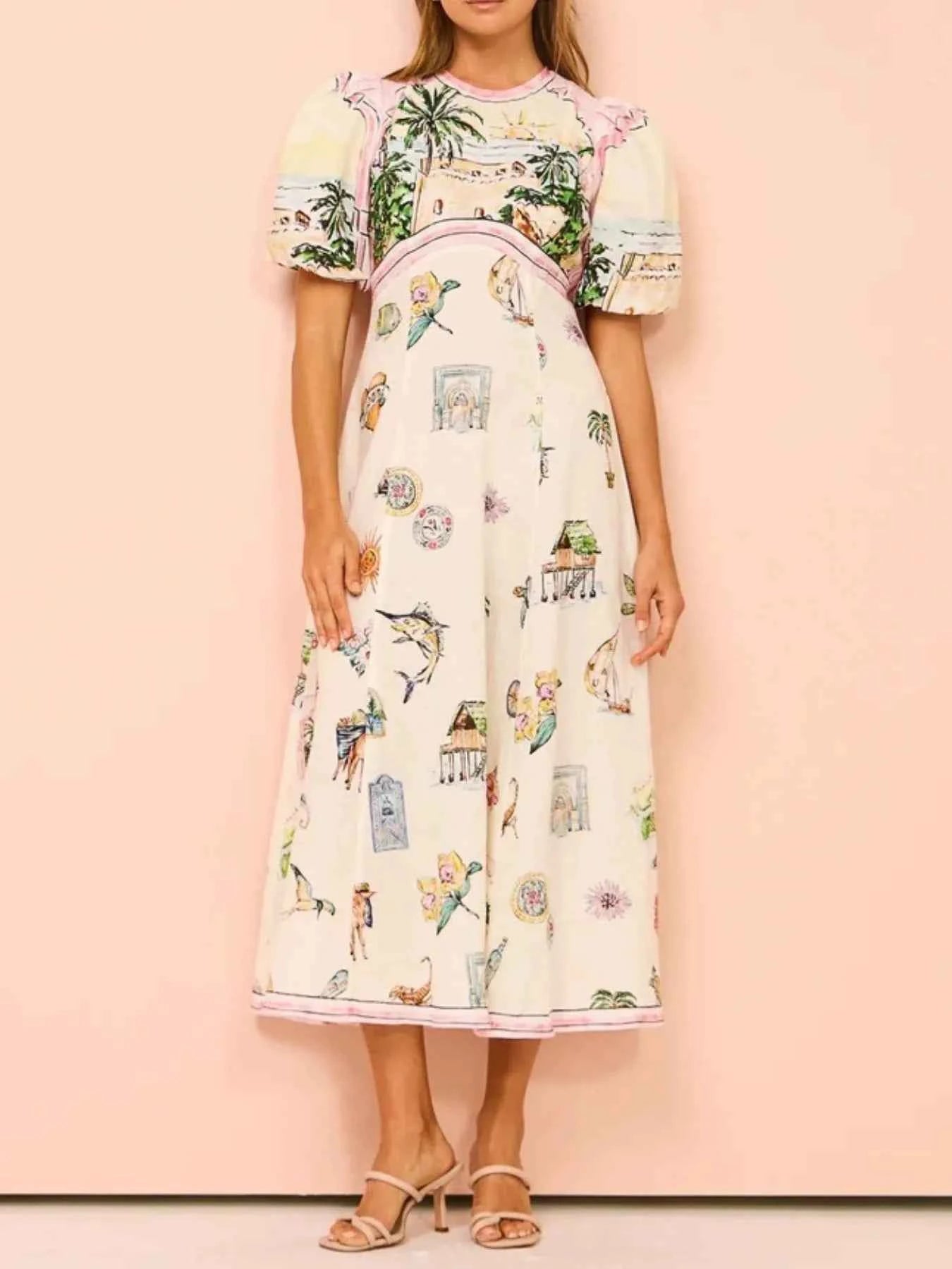Printed Round Neck Puff Sleeve Midi Dress 445a8297-9137-4197-83eb-d3e61d15a45e-Max-Origin