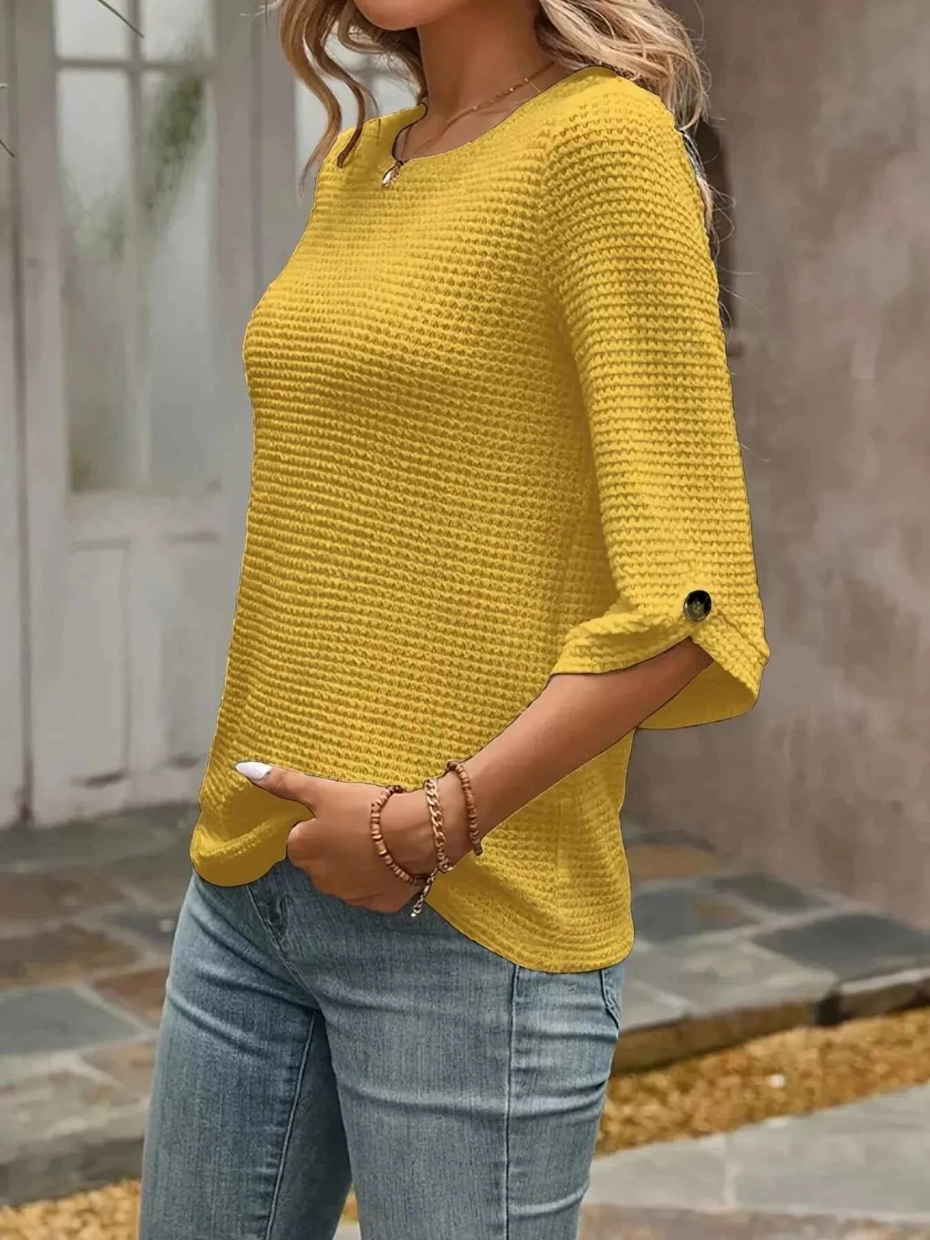 Waffle-Knit Round Neck Knit Top 445b2e5907db4f498d566f38891042c5-Max-Origin