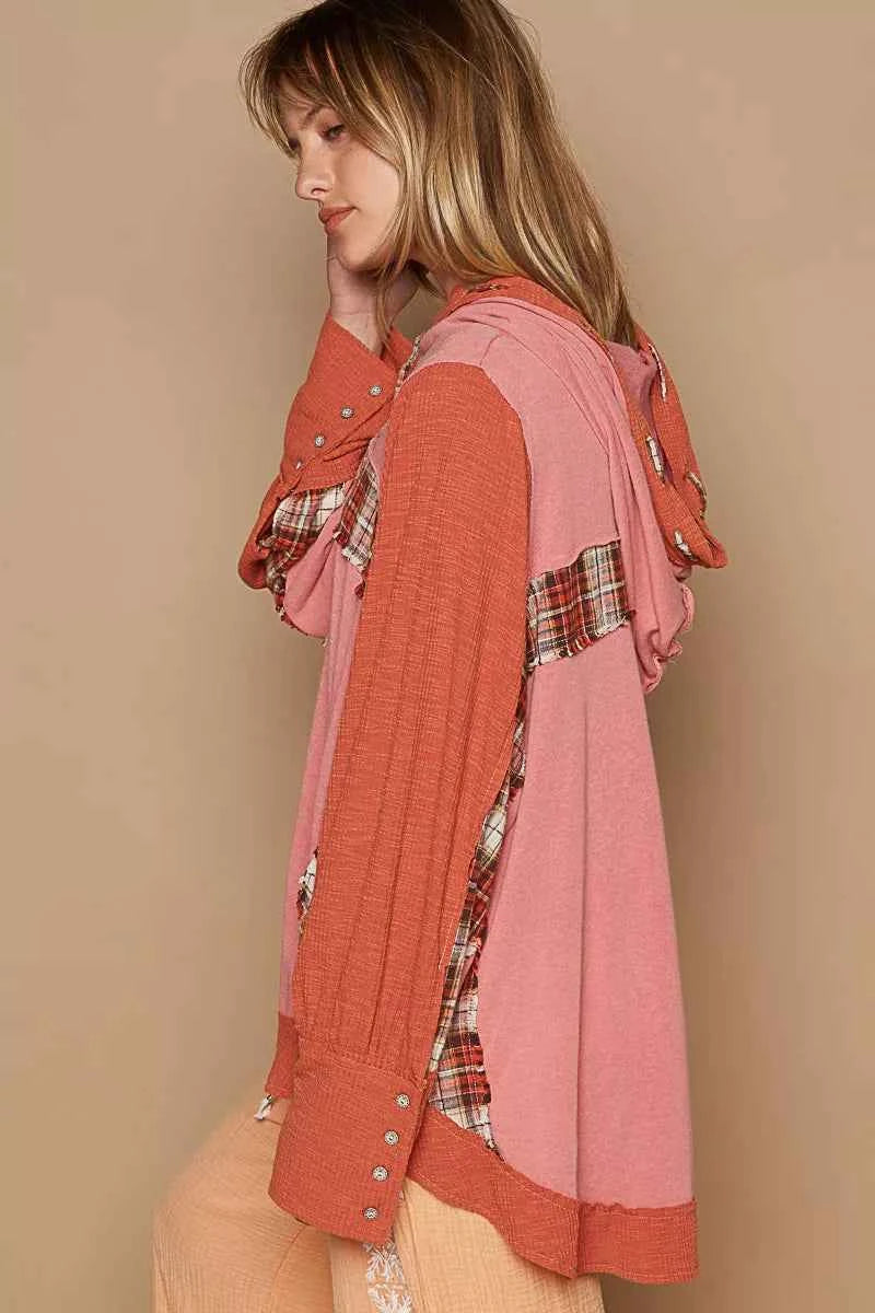 POL Oversized Drawstring Long Sleeve Hoodie with Plaid Detail 445d331b-e81d-4069-8d8a-180bca888c64-Max-Origin
