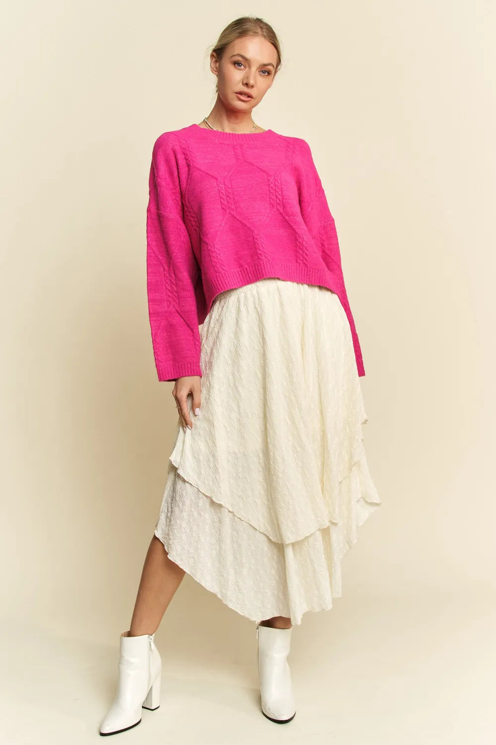 Davi & Dani Diamond Cable Pattern Drop Shoulder Sweater 445db955-37de-4b83-8eda-4e2a6c73721a-Max