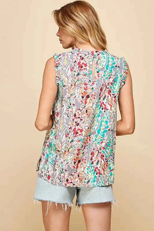 Lime 'N' Chili Full Size Graphic Print Ruffle Trim Mock Neck Sleeveless Top Plus Size 4460b75f-4d64-49d6-9c4d-7a704388ca1d-Max-Origin