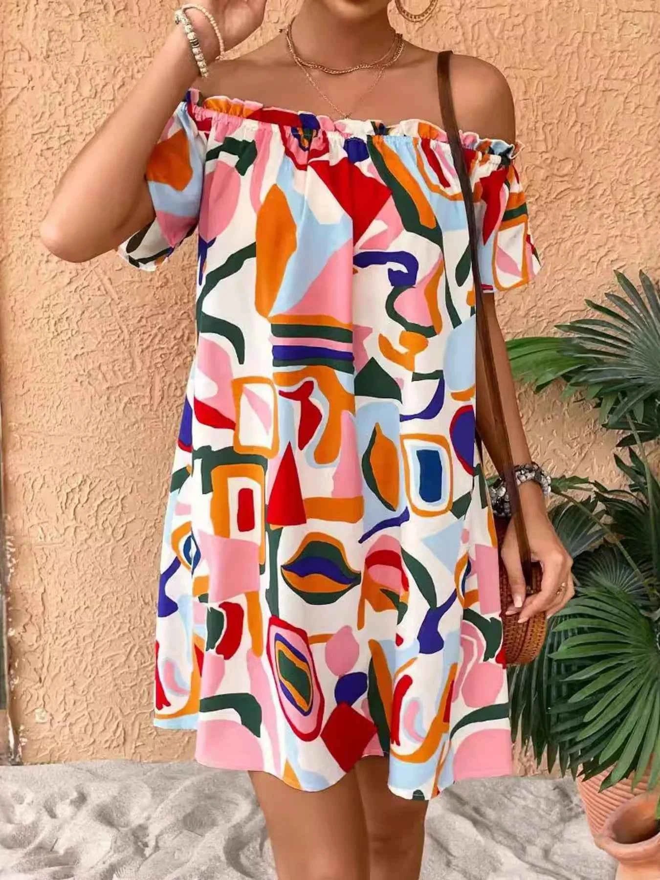 Colorful Abstract Print Off-Shoulder Summer Dress 44641907269a4f1ca80e8f30f43ebc74-Max-Origin