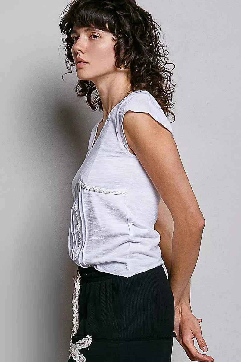 POL V-Neck Lightweight Textured Short Sleeve Knit Top with Lace Trim 4465aaed-c84b-4928-8106-247b0dbb456c-Max-Origin