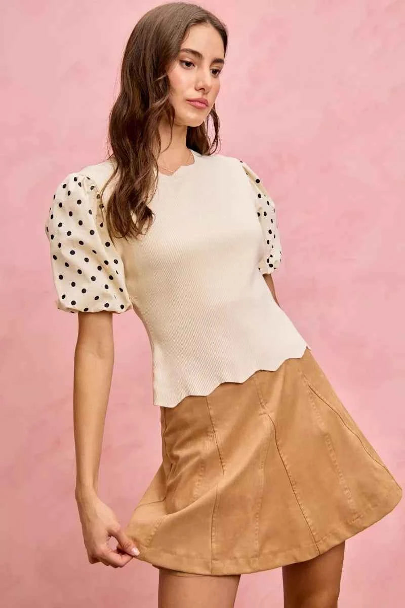 SO ME Polka Dot Contrast Woven Ballon Sleeve Blouse 446c3396b4c14eda967398f94ccb78ee-Max-Origin