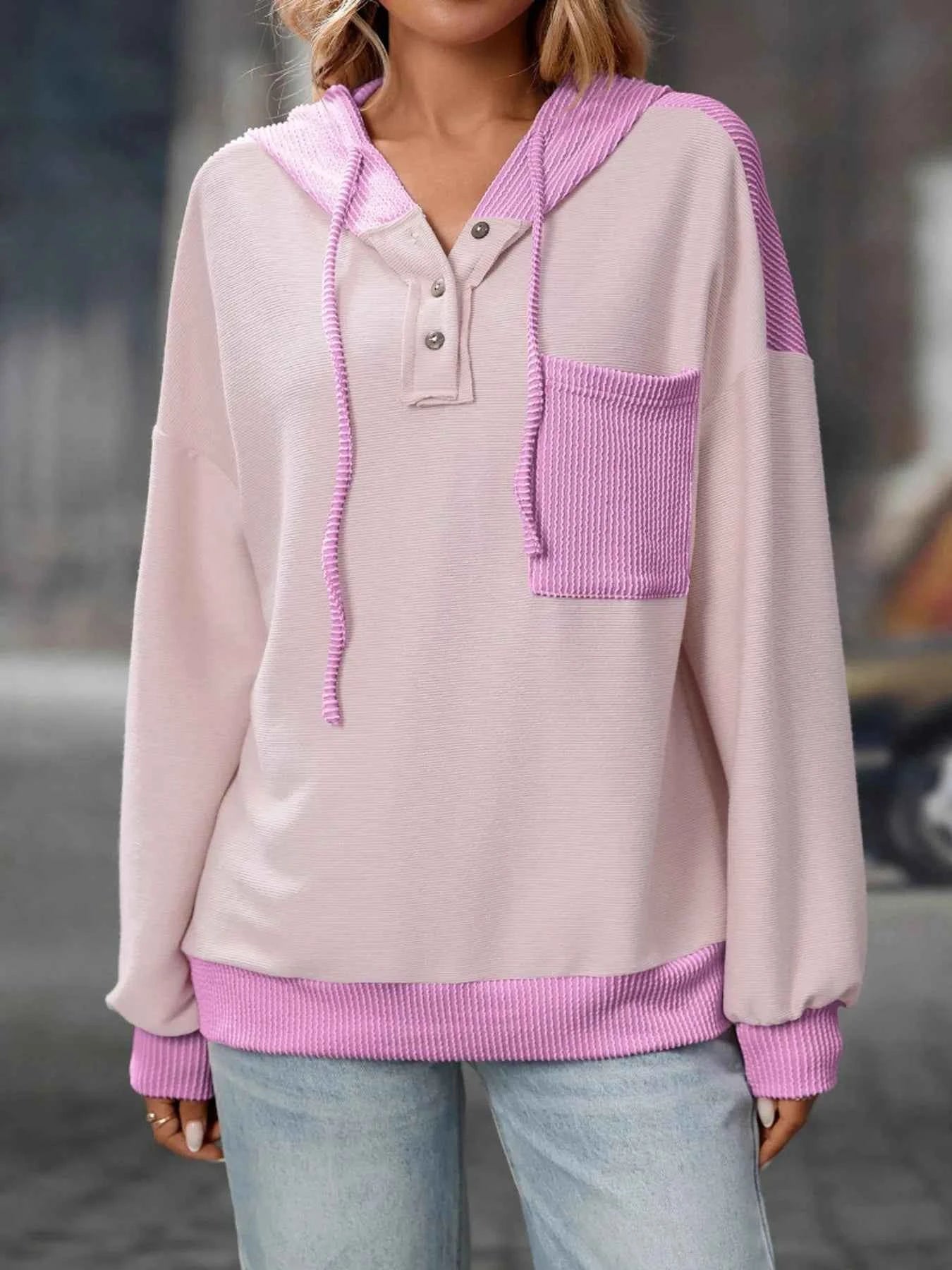 Drawstring Button Detail Long Sleeve Hoodie 4471b5c2dbfd43a5b688e83e536058f9-Max-Origin