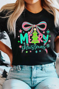 Black MERRY Christmas Vibrant Bow Heat Transfer Printing T Shirt Black 62%Polyester+32%Cotton+6%Elastane 4471dfcc0ce45bda