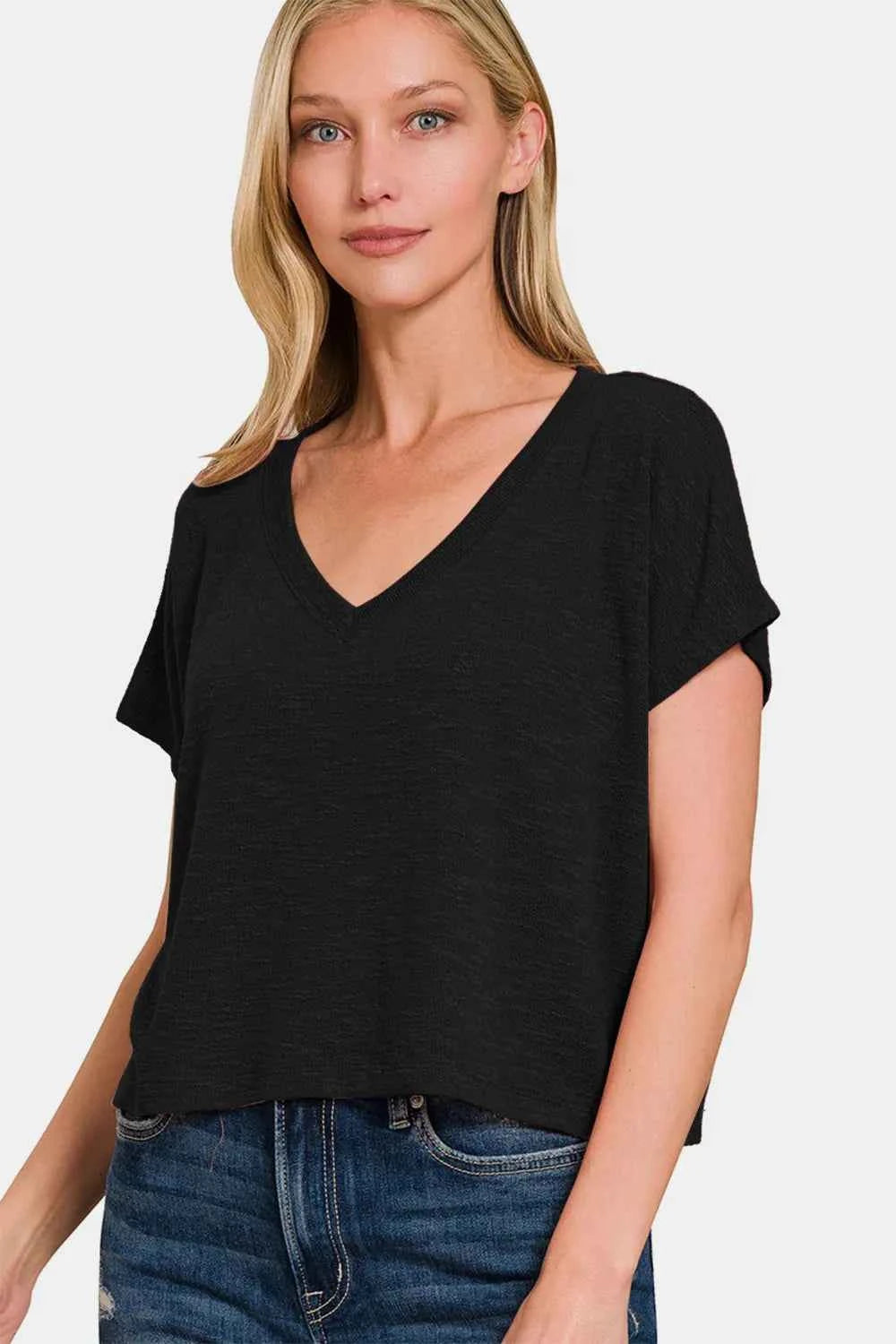 Zenana V-Neck Short Sleeve Crop T-Shirt 4472cf88-3f85-46e9-9b0e-930e557335f0-Max
