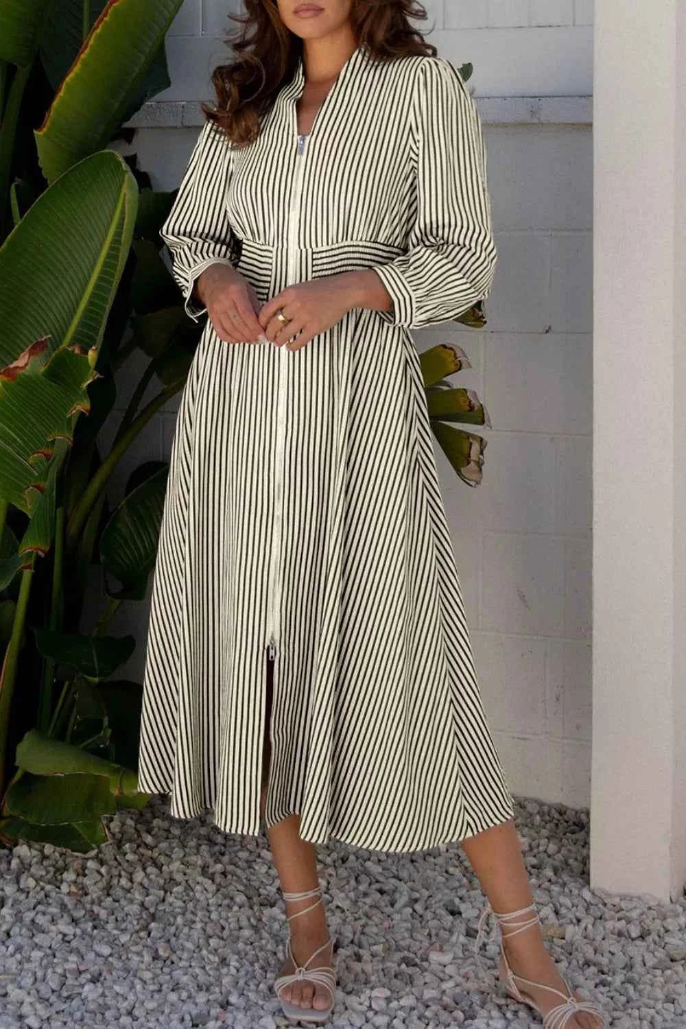 Stripe V Neck Zip Front Cinched High Waist Midi Dress