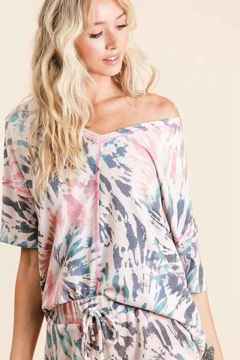 BiBi Tie Dye Print Terry V Neck Top With Contrast 447aa352051843dca8ef58b91c65d059-Max-Origin