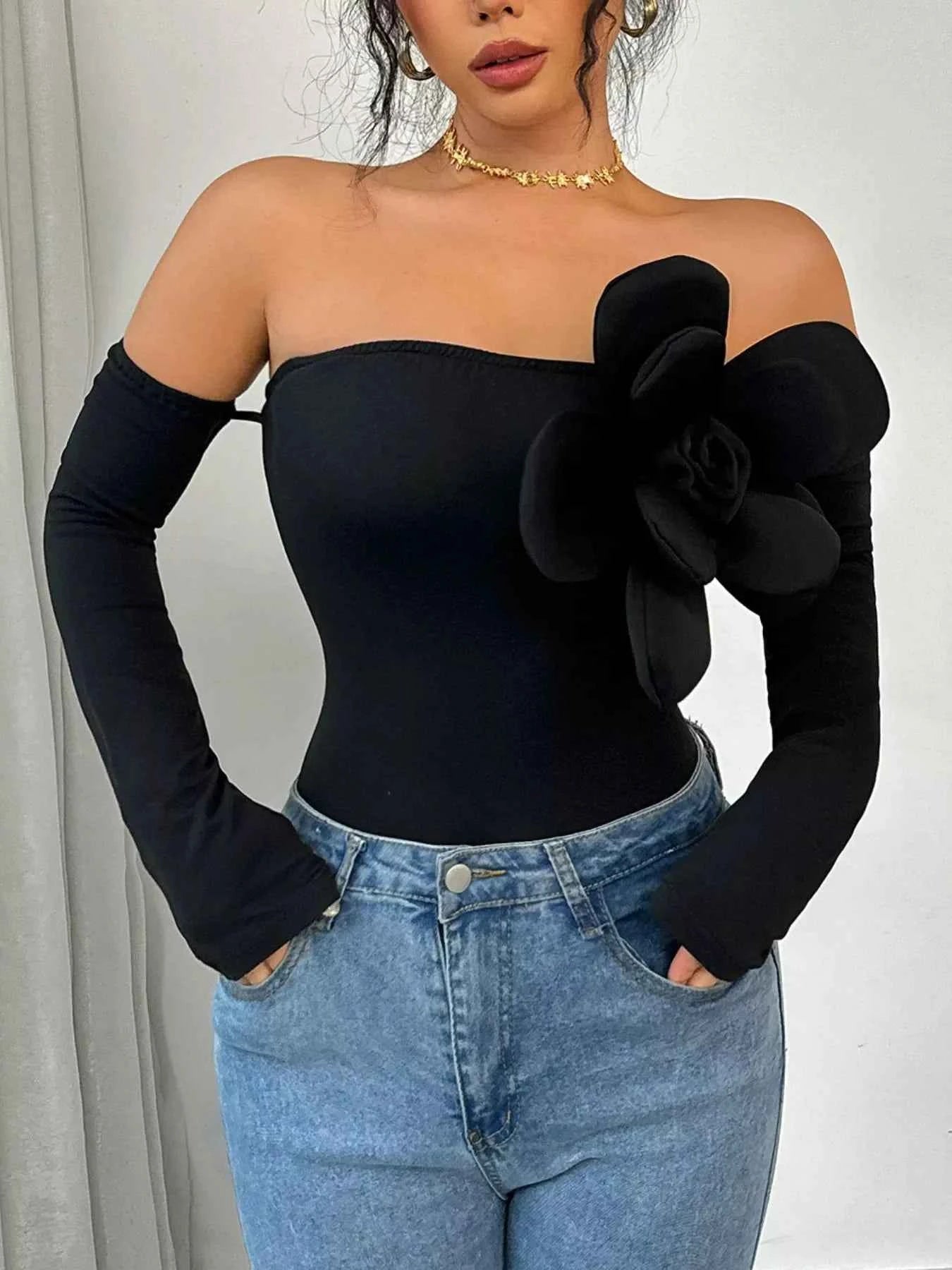 Flower Off-Shoulder Long Sleeve Bodysuit 447db785-21d4-4711-be98-ca188f173c6b-Max-Origin