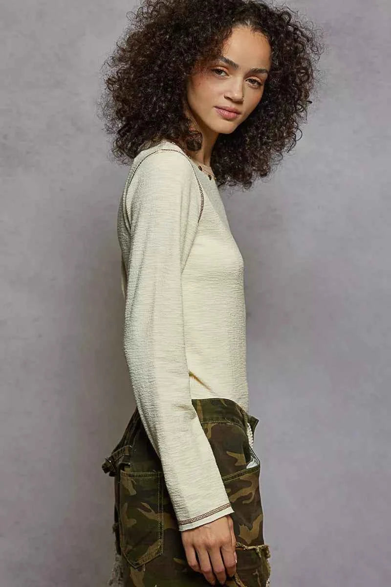 POL Round Neck Long Sleeve Contrast Stitching T-Shirt with Stud Detail 4482c252-18a0-4282-b525-037ed20cd870-Max-Origin