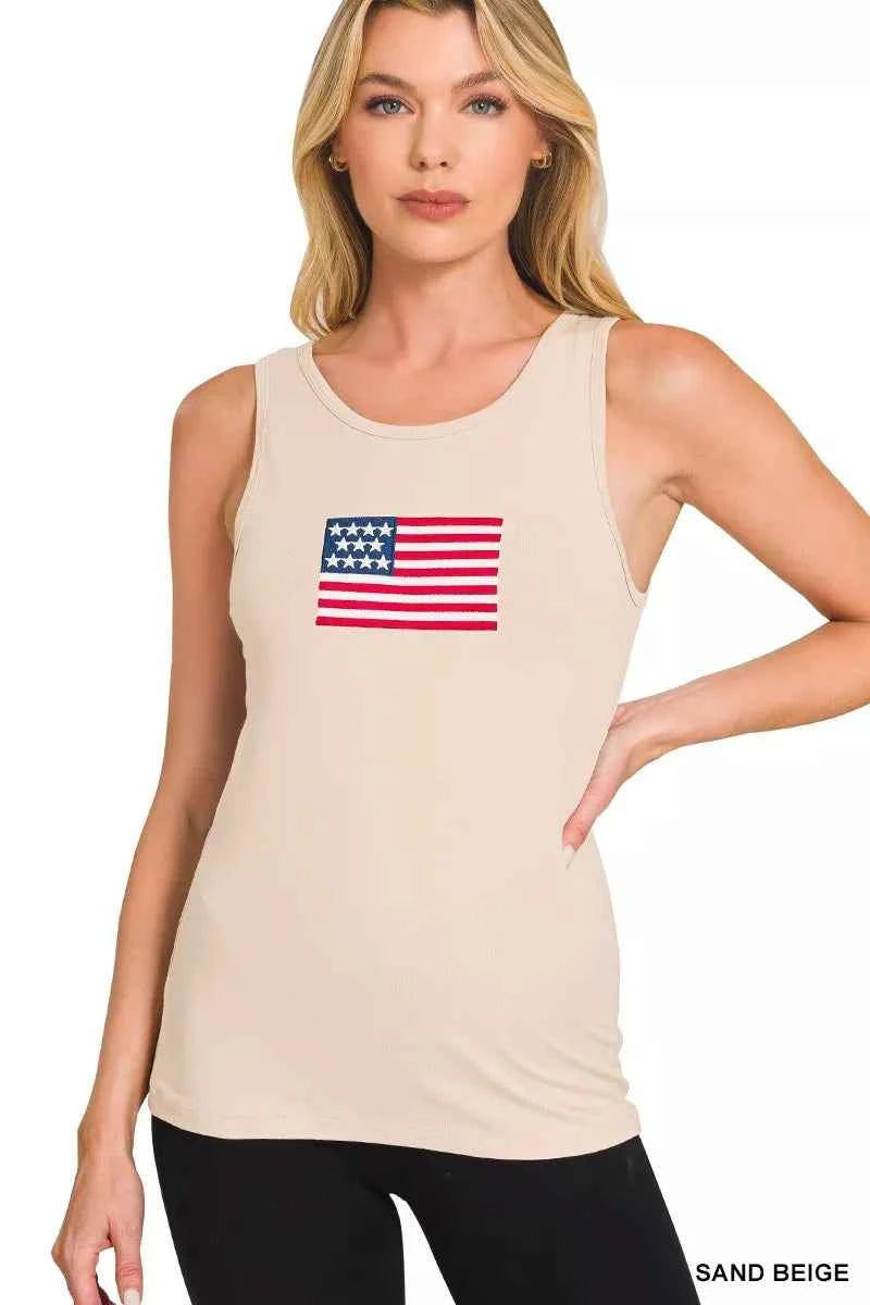 Zenana Double Scoop American Flag Embroidered Tank Top SAND BEIGE 4486c207c82642d599764b94fc4acc35-Max-Origin