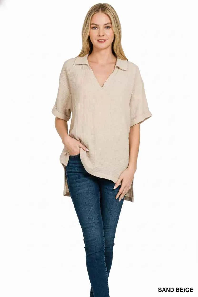 Zenana Double Gauze Short Sleeve High-Low Top 4491c847-3034-42c4-9ec9-27d6285f39fc-Max-Origin