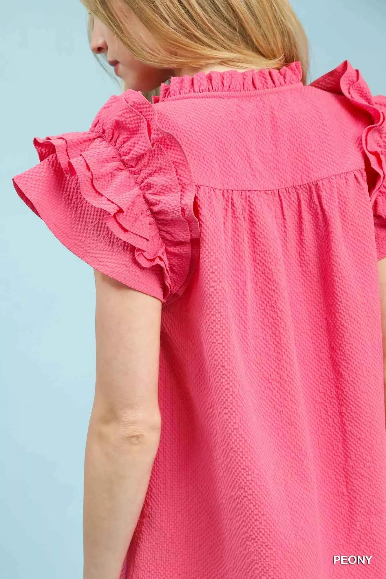 Umgee Textured Ruffle Sleeve Notched Top 4498ad62-1d9e-498a-afb2-c7aa6fbf1c58-Max-Origin
