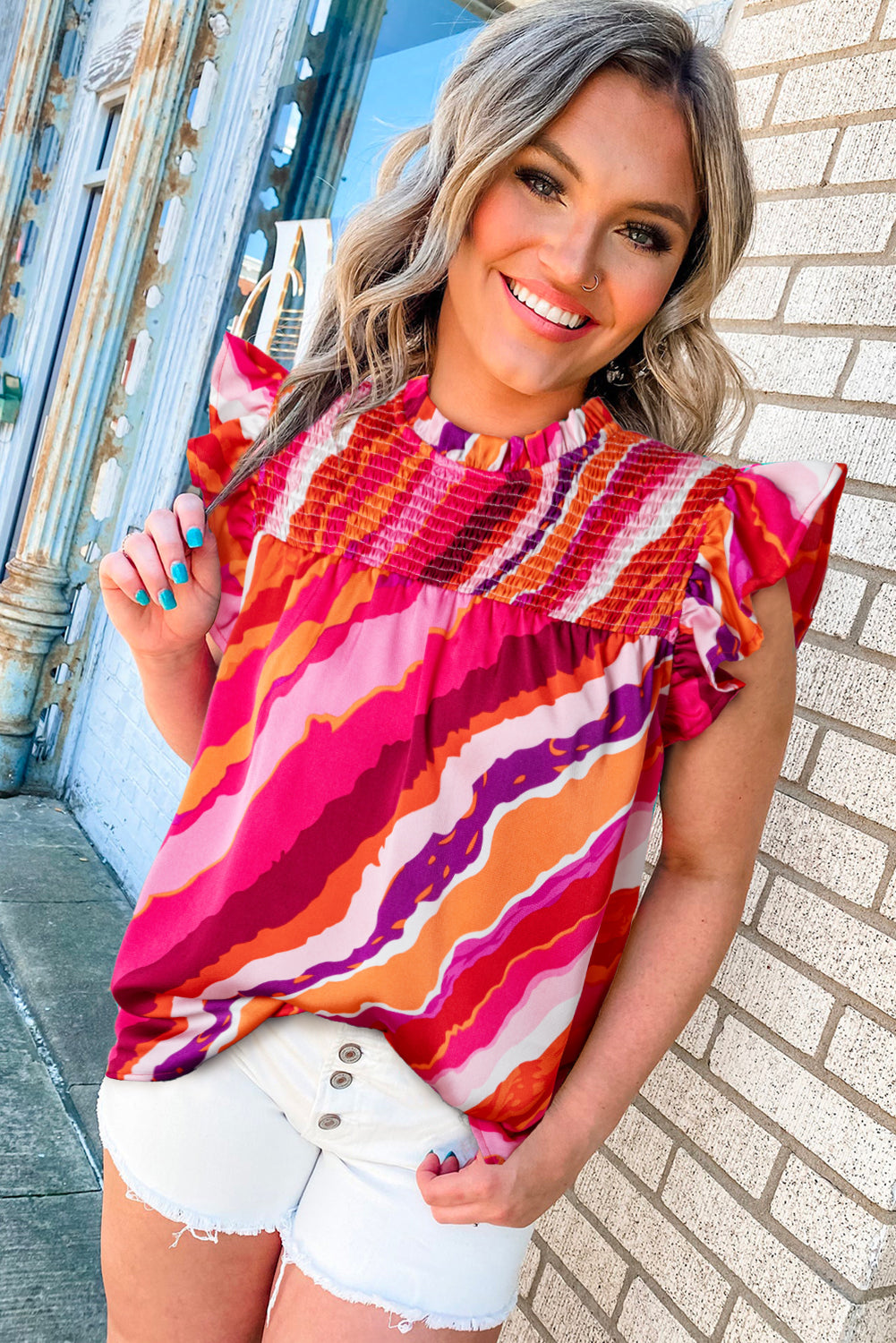 Rose Smocked Frill Neck Abstract Print Blouse 449973c424a353fa