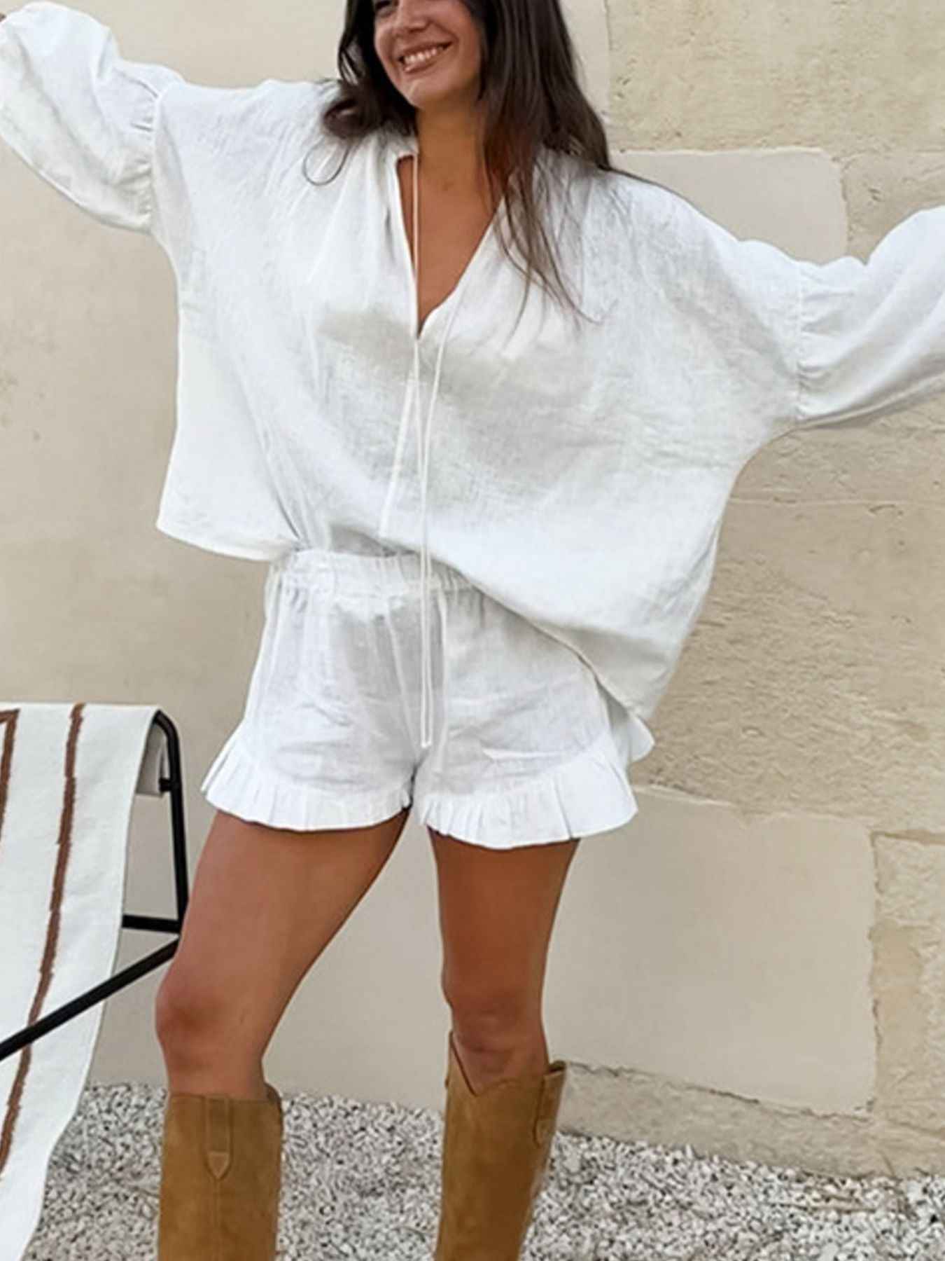 Tie Neck Balloon Sleeve Blouse and Shorts Set 449f02fa-2130-45d3-8582-3a2d177b7dc9-Max