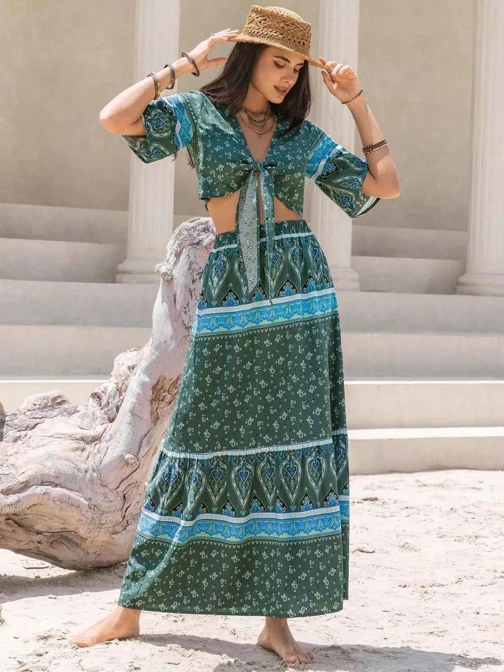 Tie Front Half Sleeve Top and Skirt Set Dark Green 44a42973-32f8-4e0a-84dd-064aebce6731-Max-Origin