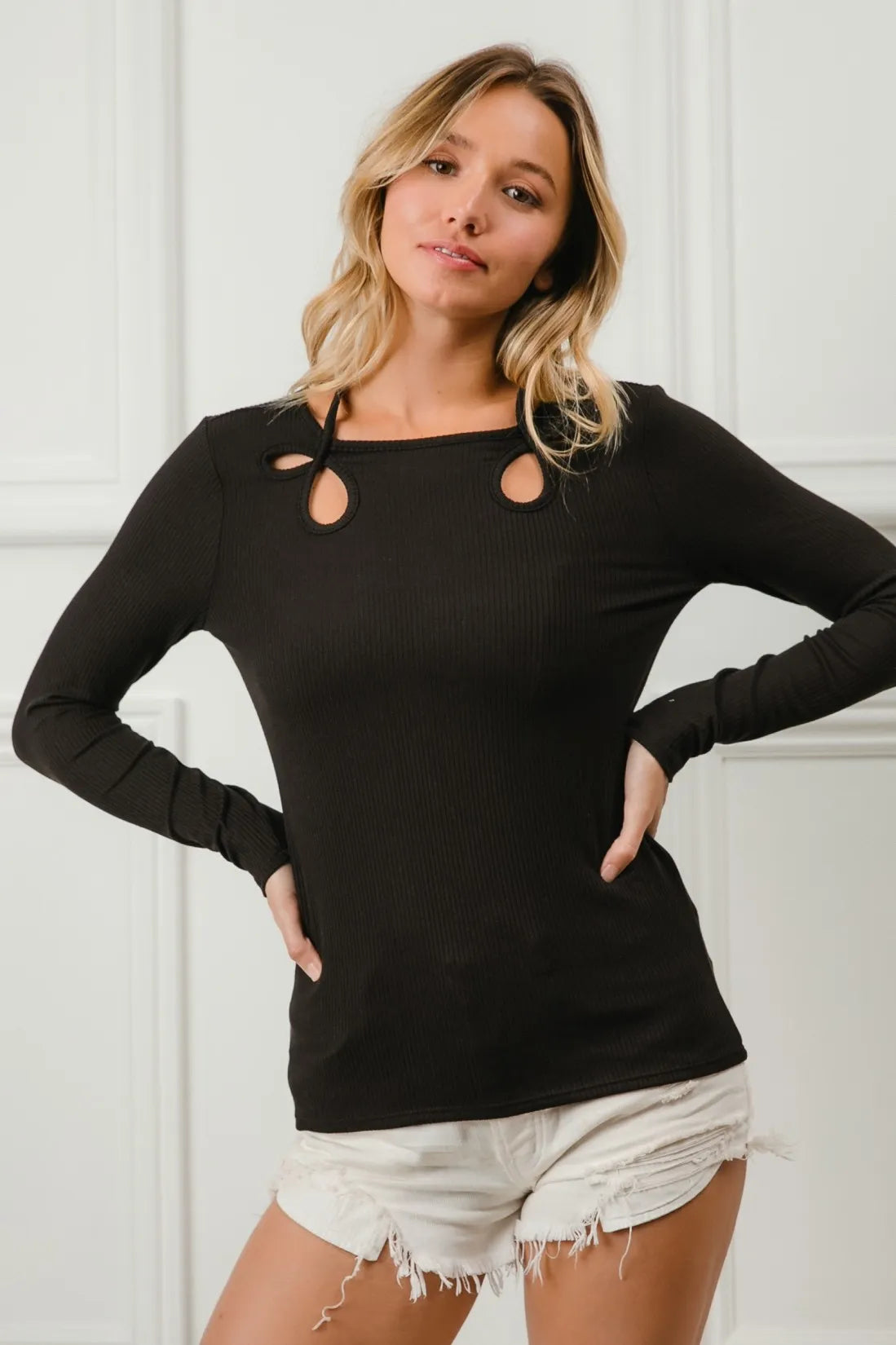 BiBi Rib Knit With Cut Out and Tied Neck Detailed Top BLACK 44ac88240e6943b6a2b8cca3309477ca-Max-Origin