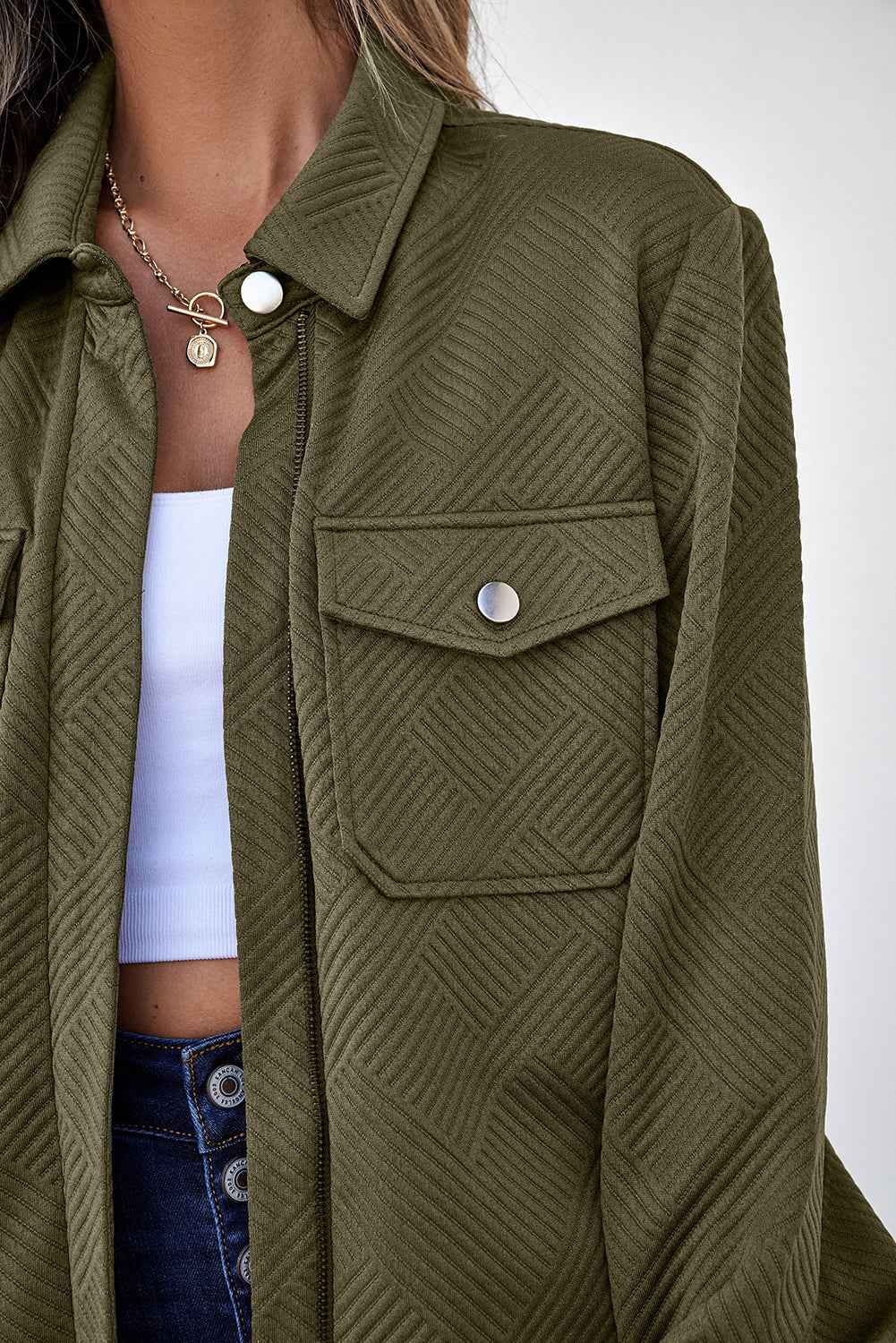 Blackish Green Solid Color Zip Up Button Flap Pocket Shirt Collar Jackets 44ade2e6d340976f