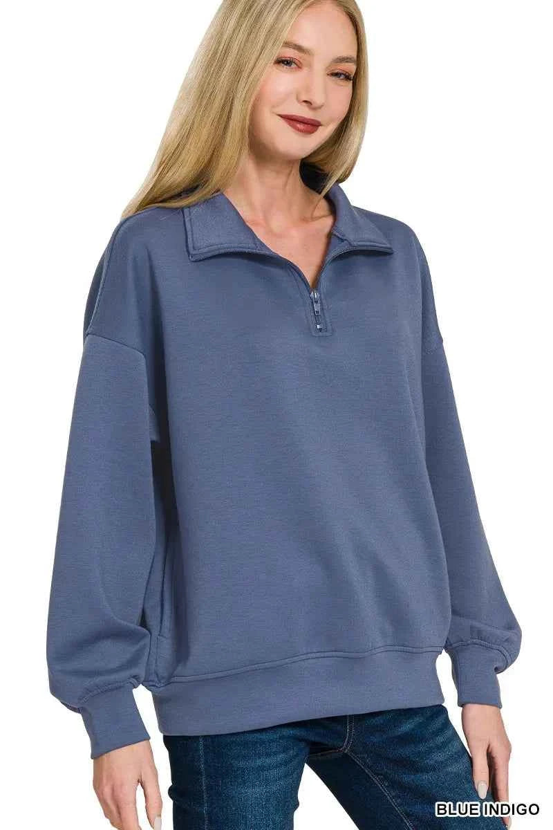 Zenana Scuba Quarter-Zip Sweatshirt BLUE INDIGO 44ade523b521457fbde0776392f3d7df-Max-Origin