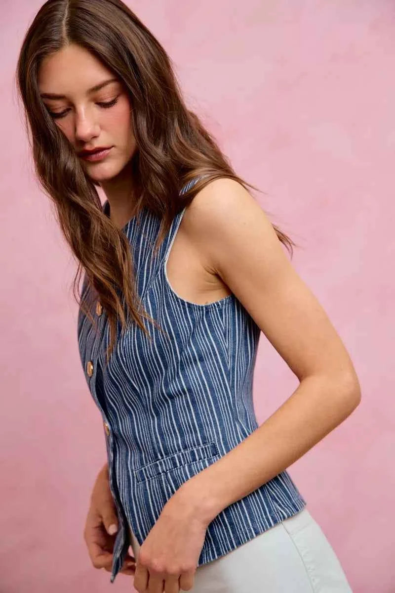 SO ME Stripe Slim Fit Button Front Denim Vest Top 44afa6e4f174479bb1abc253772a1026-Max-Origin