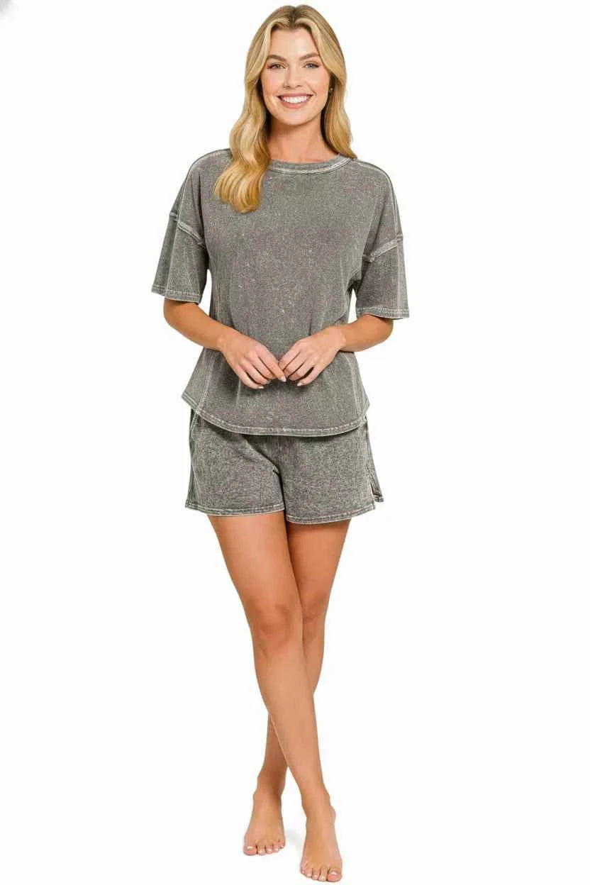Zenana Halo Snow Washed Short Sleeve Tee and Shorts Set 44b1b230-3110-46bd-a58b-20687f9dcc80-Max-Origin