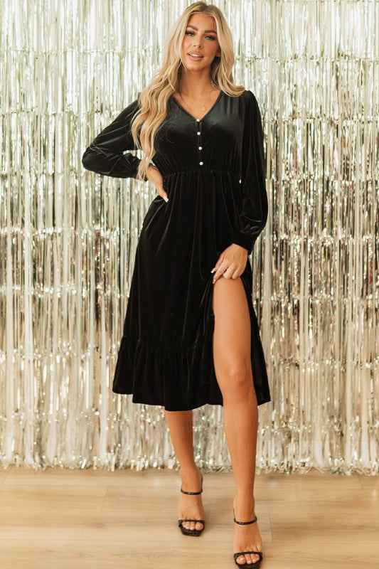 Olivia Velvet Buttoned Puff Sleeve V Neck Split Mi 44b43174-f6ca-4f2a-8bea-9de0ac16c9d8_296765b5-07c0-4e32-81e1-d3b0d901ee50