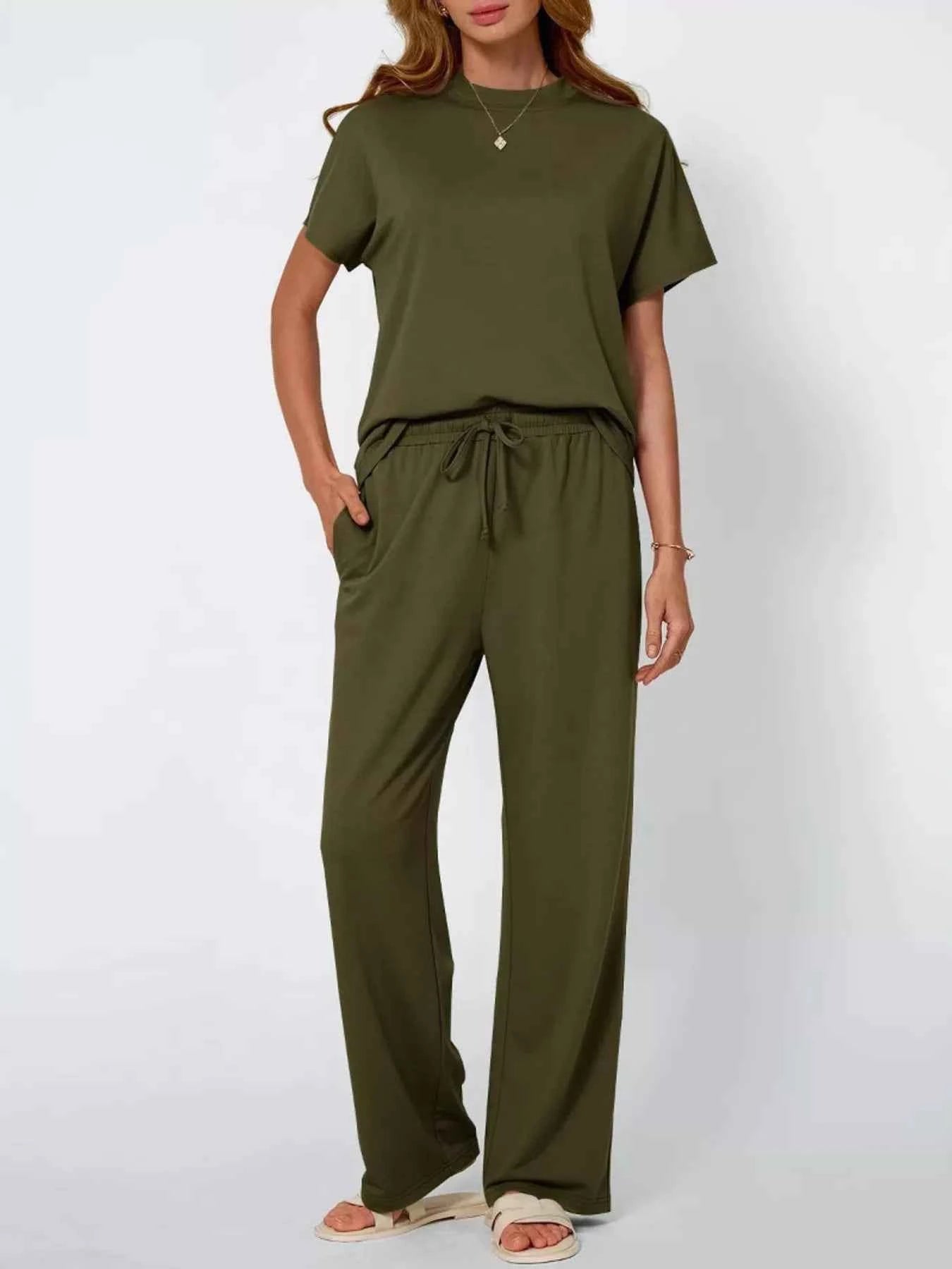 Full Size Round Neck Short Sleeve Top and Pants Set Plus Size Army Green 44b8dc40c2a342a89623c5f20a0d5c00-Max-Origin