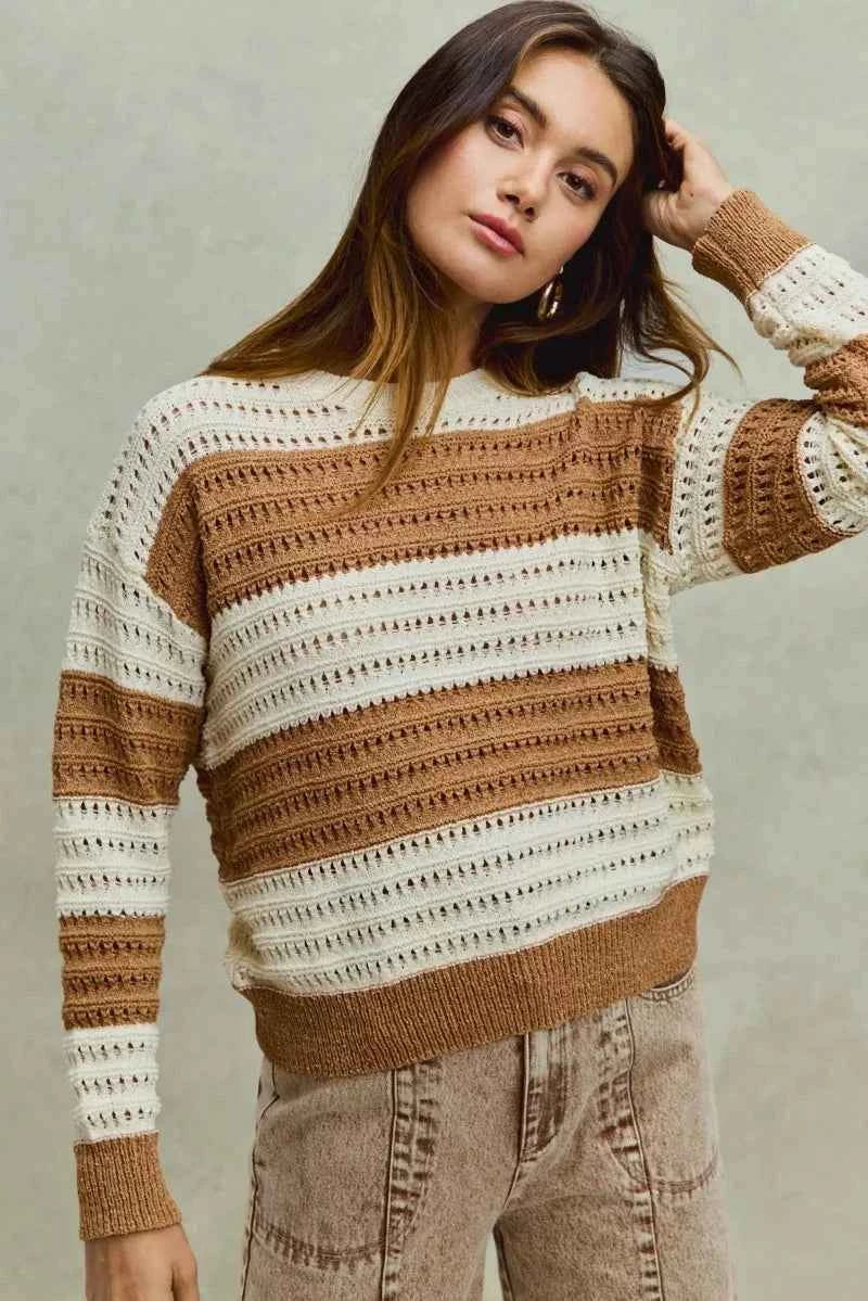 SO ME Openwork Round Neck Wide Stripe Textured Sweater 44bb4205cd284971bcc2aec3d37bac0b-Max-Origin