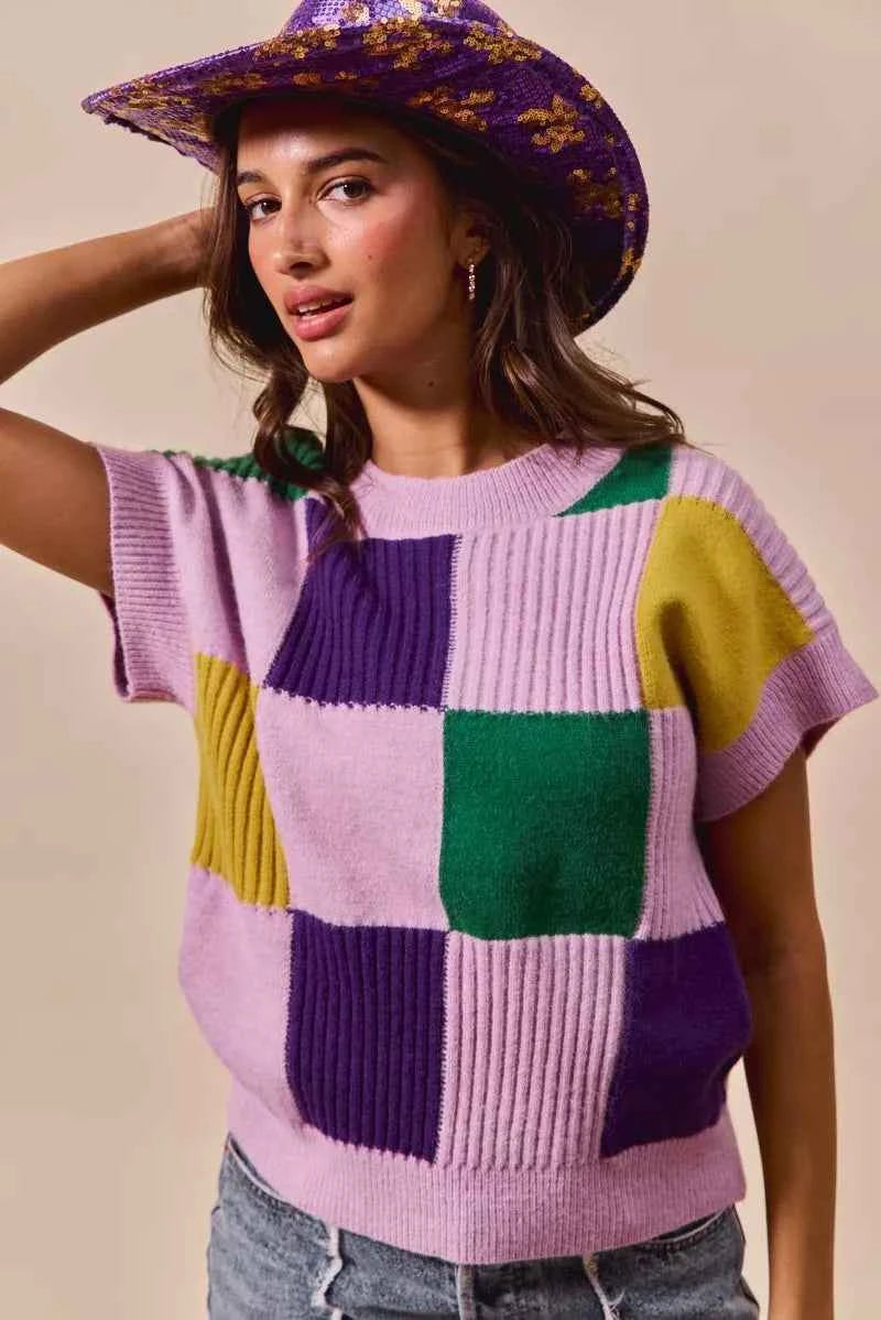 SO ME Mardi Gras Check Plaid Casual Sweater Top 44bc0e3b159a46cd97404408057c343f-Max-Origin