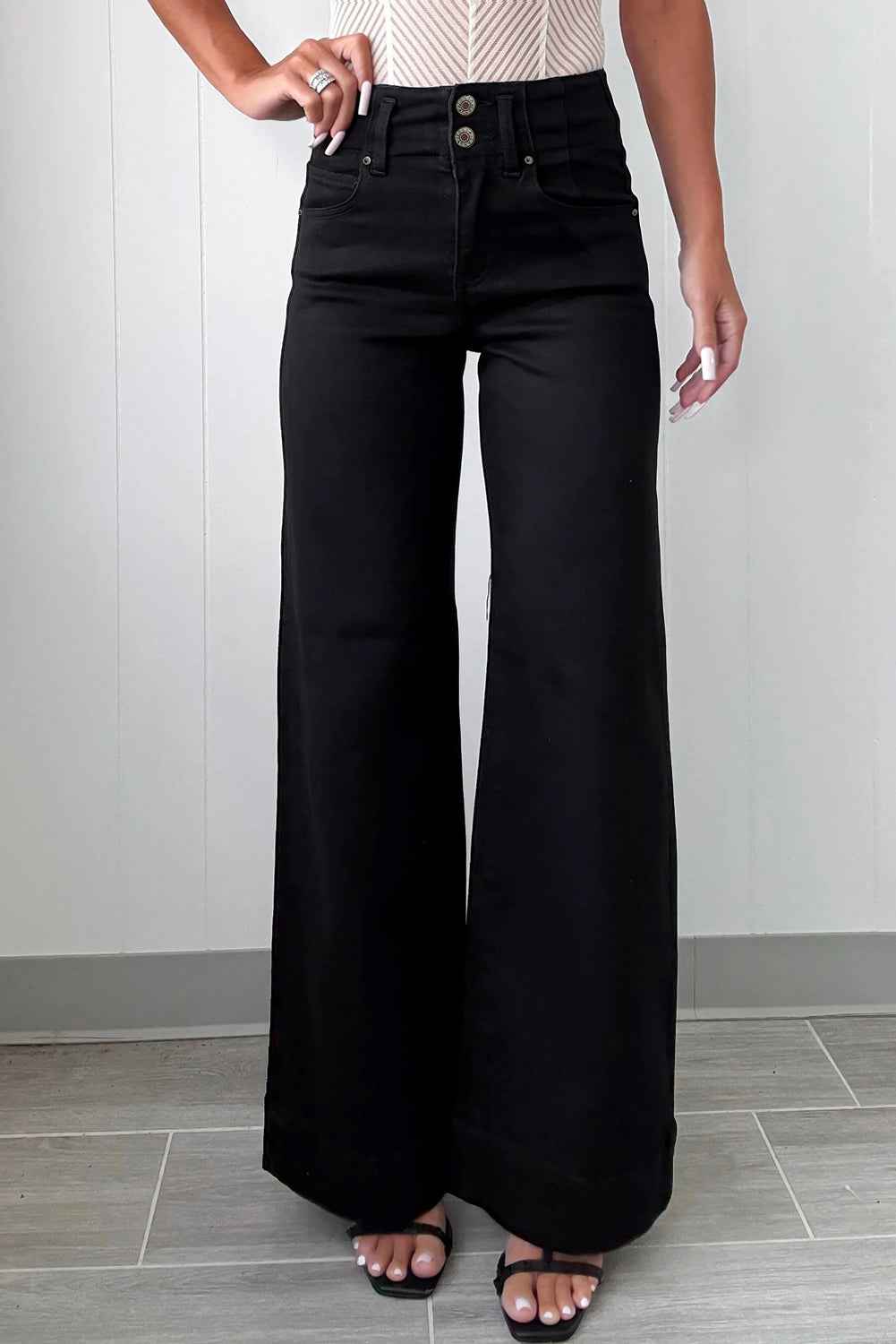 Black 2-Button High Waist Flared Bottom Jeans Black 65%Cotton+33%Polyester+2%Elastane 44c2bce3811771c6