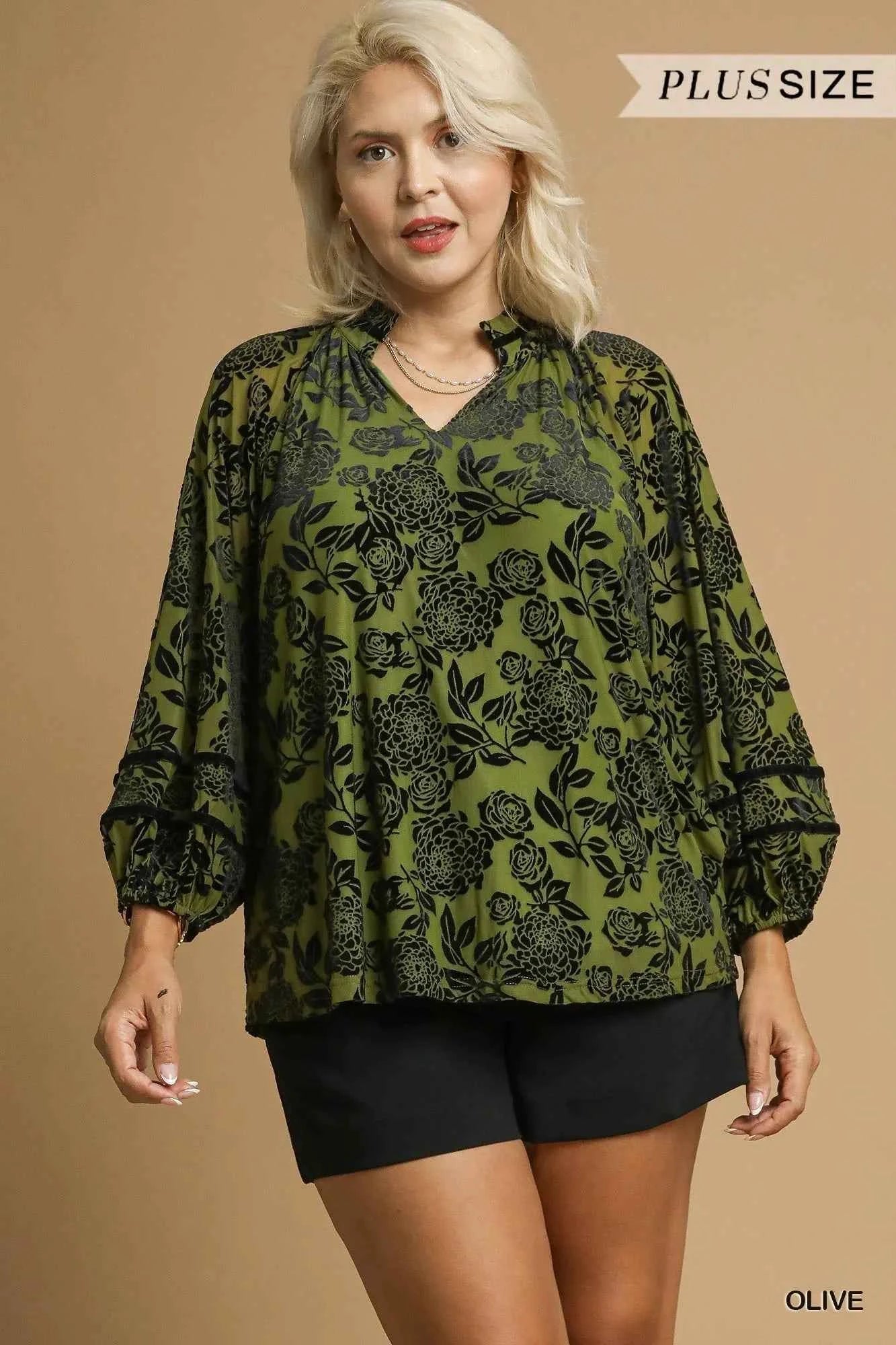 Umgee Full Size Floral Velvet Blouse with Balloon Sleeves Plus Size 44c46c83-13f3-40d7-9a92-4bcde92c12ee-Max-Origin