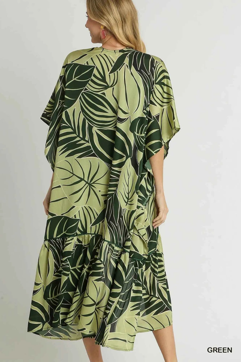 Umgee Satin Tropical Plant Print Open Front Kimono with Ruffle Details 44c6c404-a116-4468-9f77-43ca7aa21a8c-Max-Origin