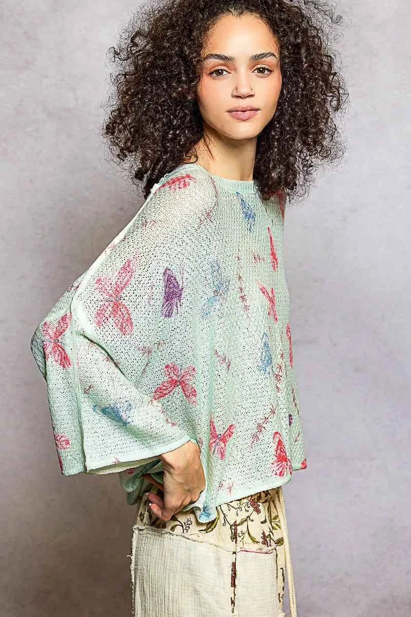 POL Butterflies Pattern Round Neck knit Top with Outseam Rolling Edge 44d24187-7dcd-46ef-8207-ecddbd68254c-Max-Origin