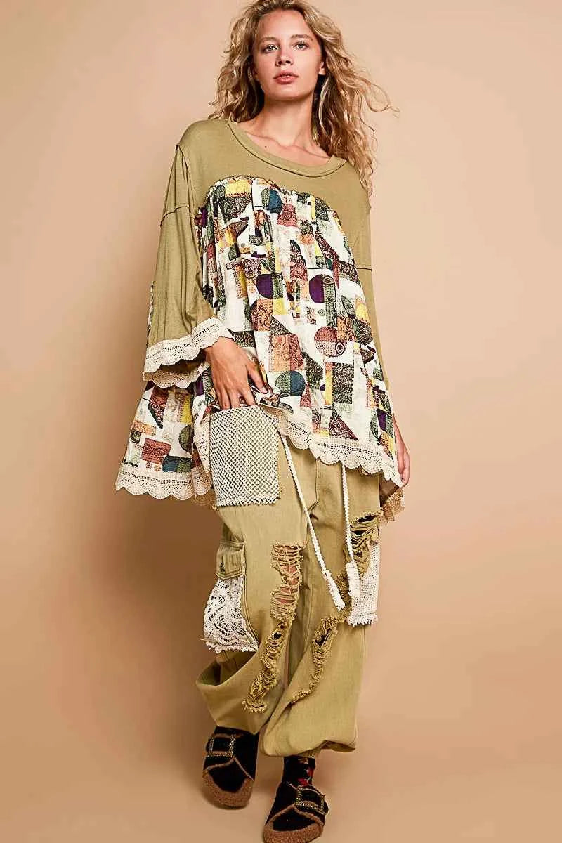 POL Bohemian Geometric Print Long Sleeve Top with Lace Trim 44d30b82-9a6d-4a7c-a40d-a63e734788e3-Max-Origin