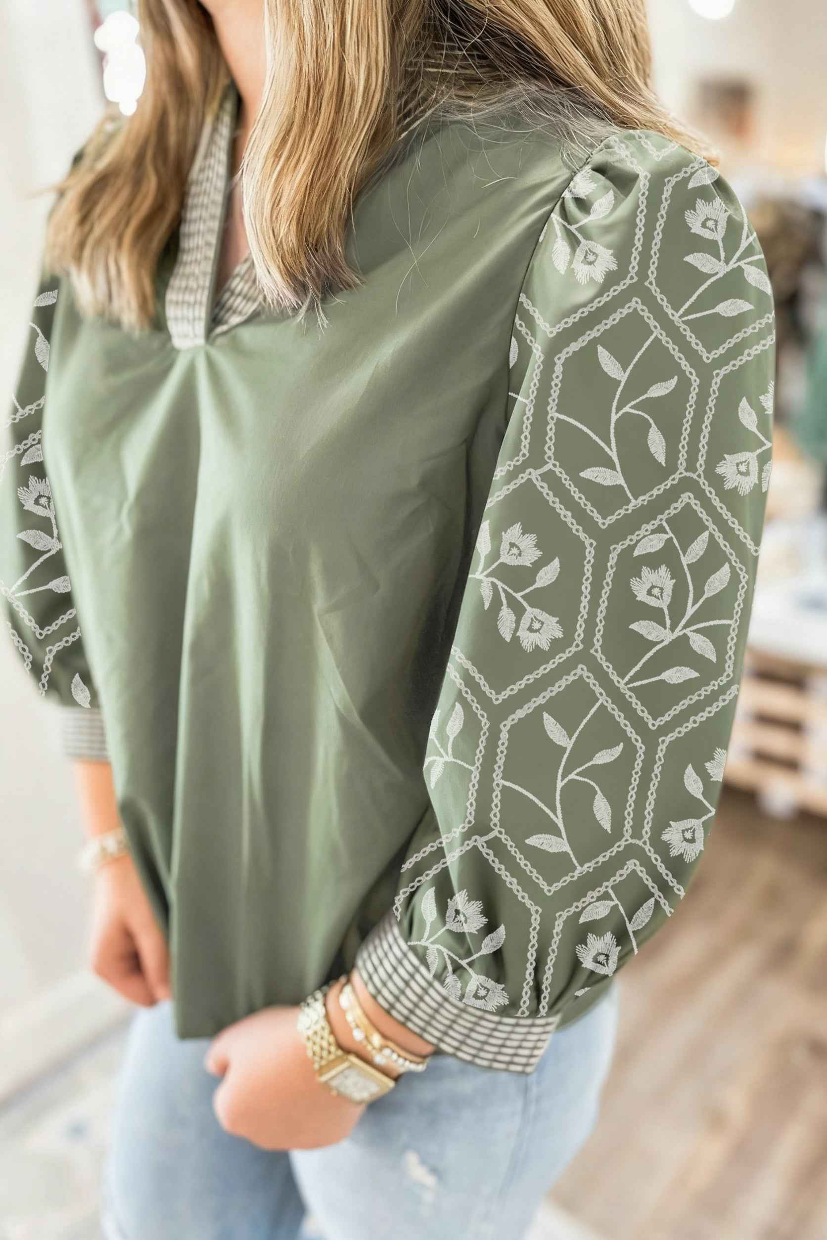 Grass Green Floral Puff Sleeve Contrast V Neck Patchwork Blouse 44d4db5484d71c91